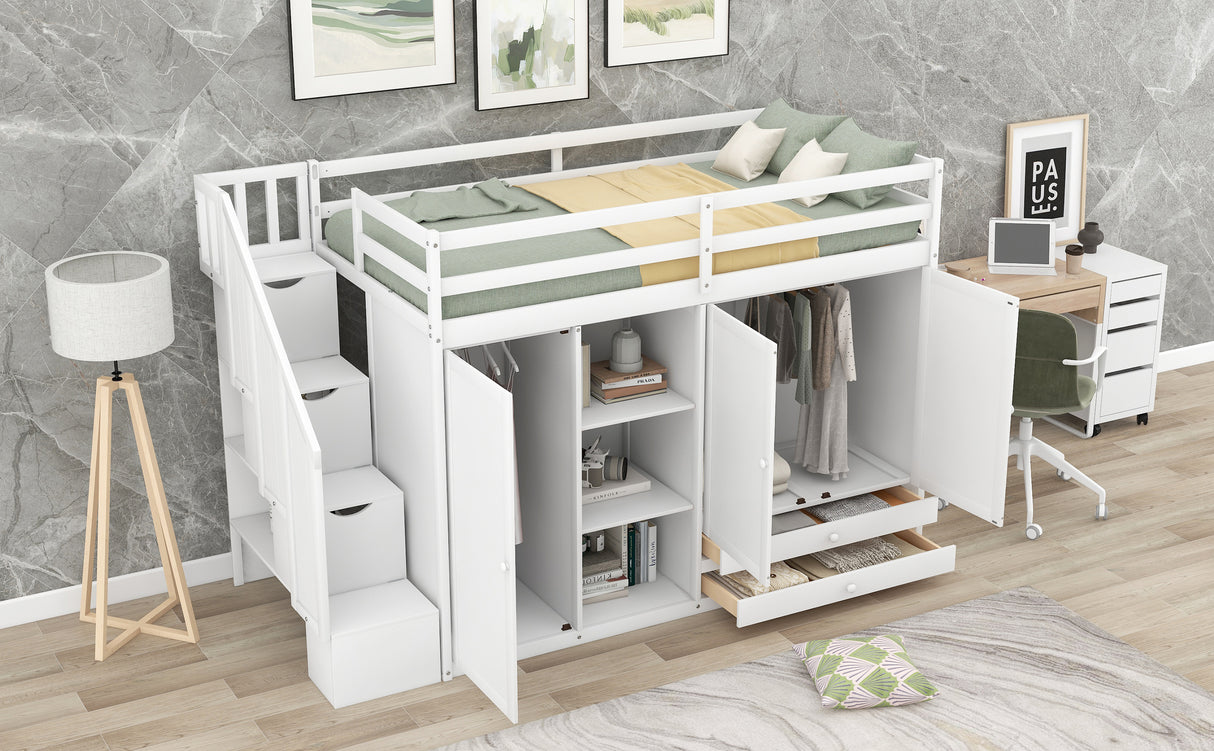 Functional Loft Bed with 3 Shelves, 2 Wardrobes and 2 Drawers, Ladder with Storage, No Box Spring Needed, White - Home Elegance USA