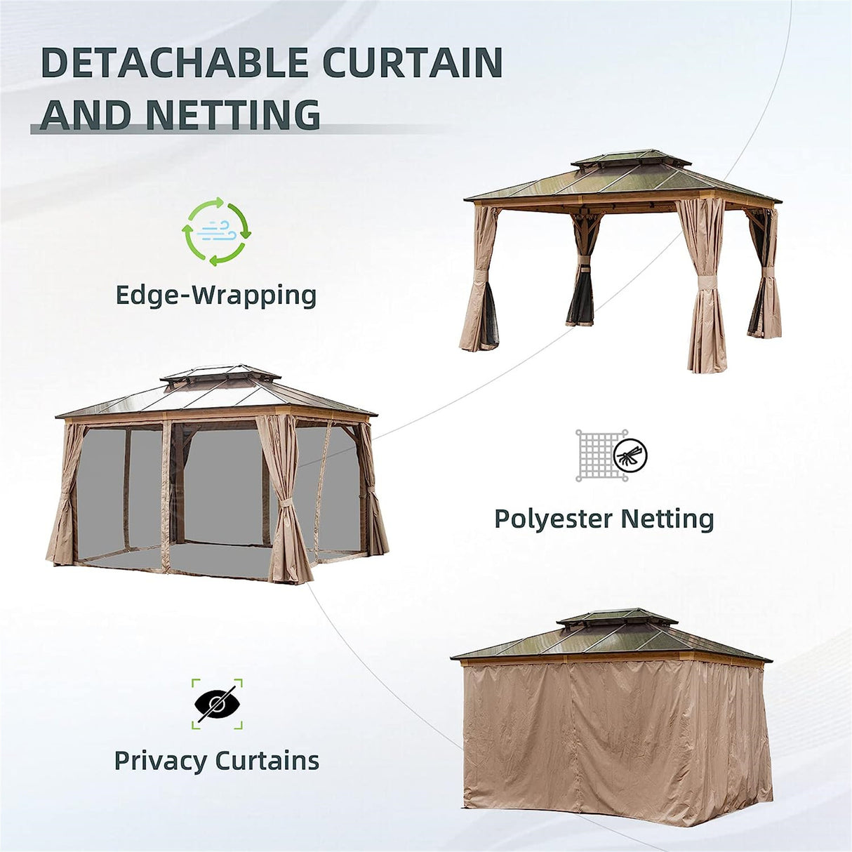 10'x12' Hardtop Gazebo, Permanent Outdoor Gazebo with Polycarbonate Double Roof, Aluminum Gazebo Pavilion with Curtain and Net for Garden, Patio, Lawns, Deck, Backyard(Wood - Looking) - W1859S00022 - image - 4