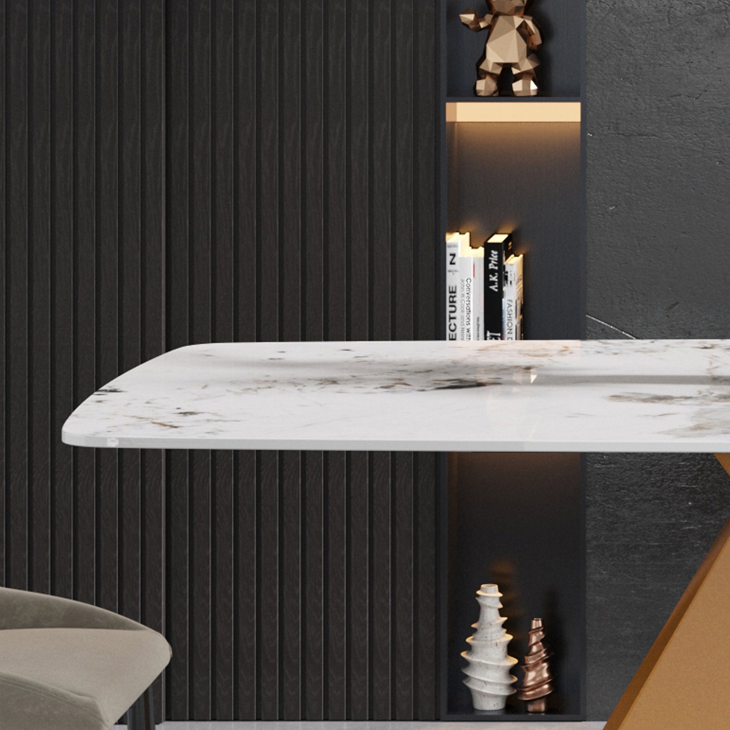 63"Modern artificial stone pandora white curved golden metal leg dining table - 6 people | Home Elegance USA