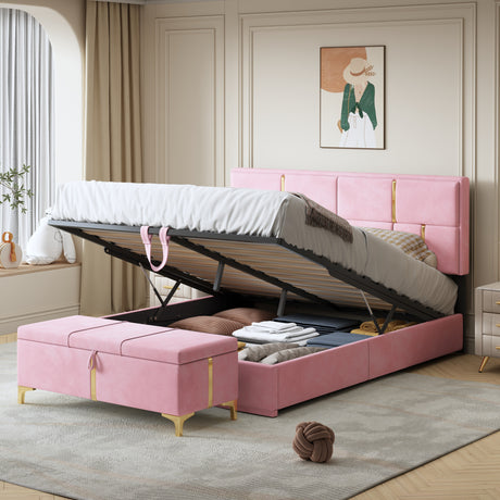 2-Pieces Bedroom Sets,Queen Size Upholstered Platform Bed with Hydraulic Storage System,Storage Ottoman with Metal Legs,Pink - Home Elegance USA