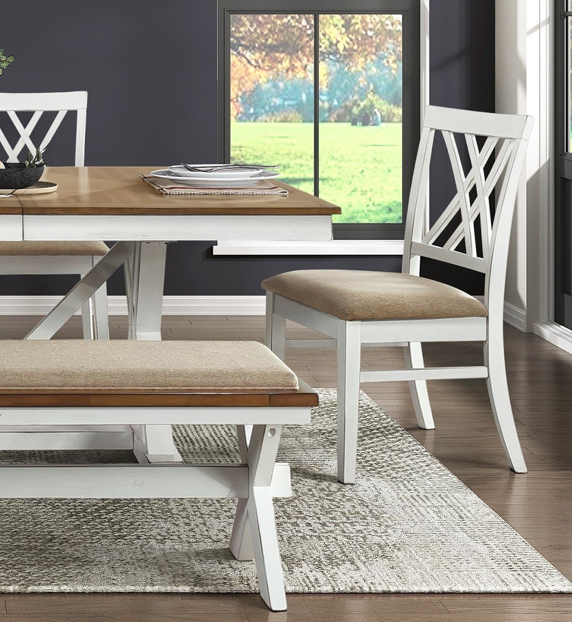 Modern Style White and Oak Finish 6pc Dining Set Table w Extension Leaf Bench 4x Side Chairs x-back Design Charming Traditional Dining Room Furniture - Home Elegance USA