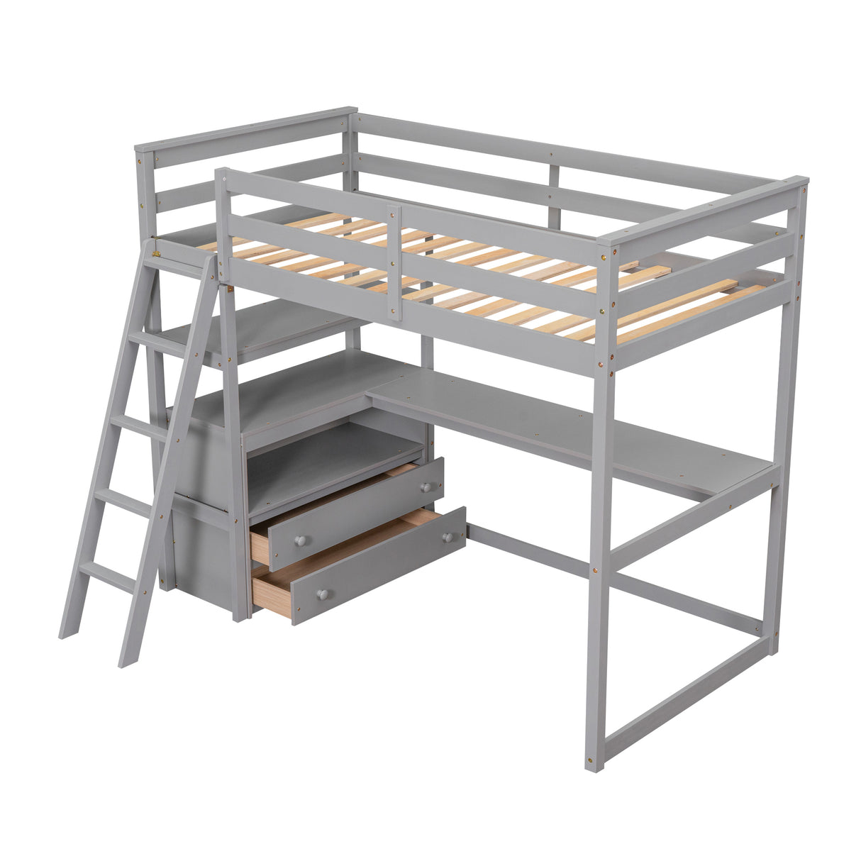 Twin Size Loft Bed with Desk and Shelves, Two Built-in Drawers, Gray(old SKU: GX000803AAE-1) - Home Elegance USA