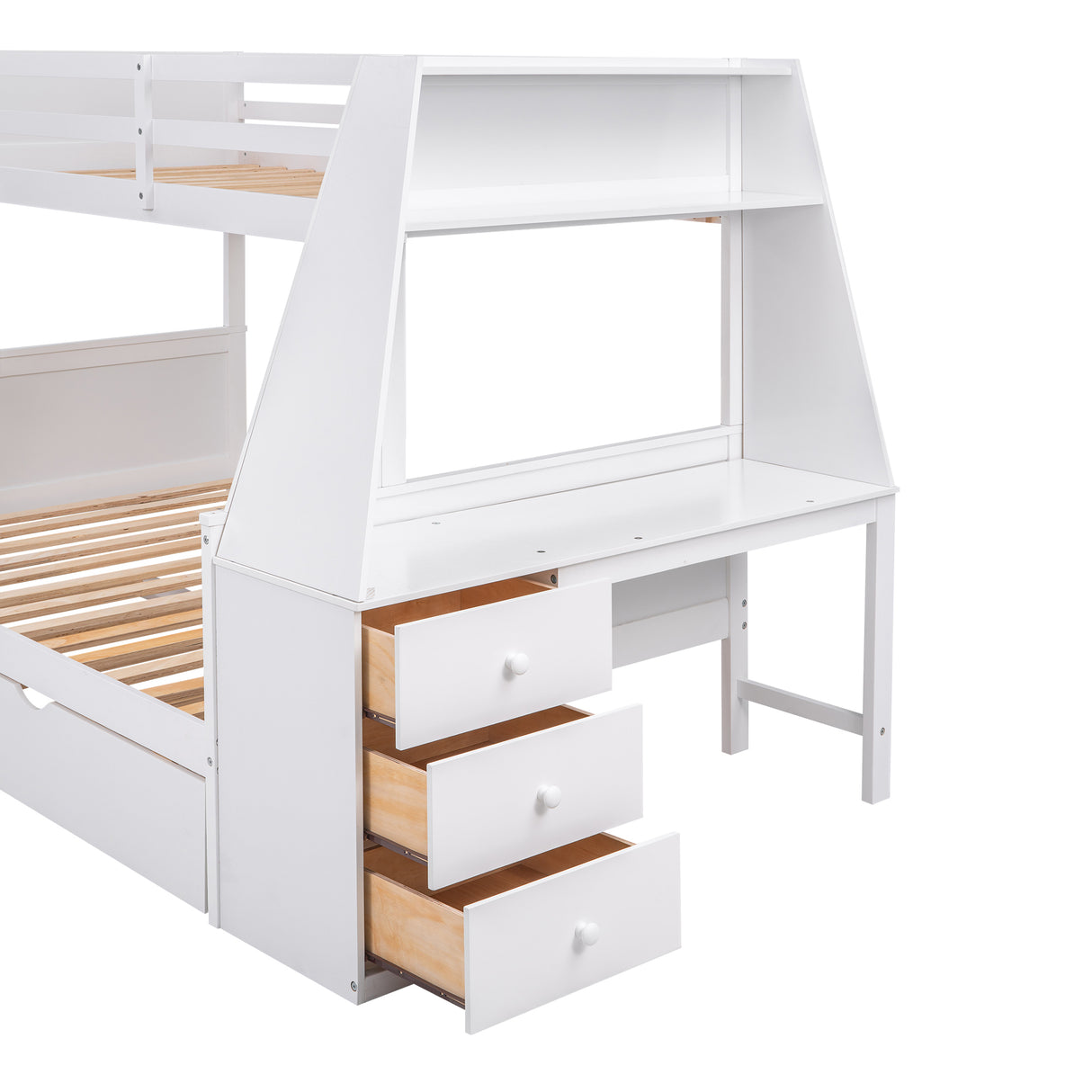 Twin over Full Bunk Bed with Trundle and Built-in Desk, Three Storage Drawers and Shelf,White - Home Elegance USA