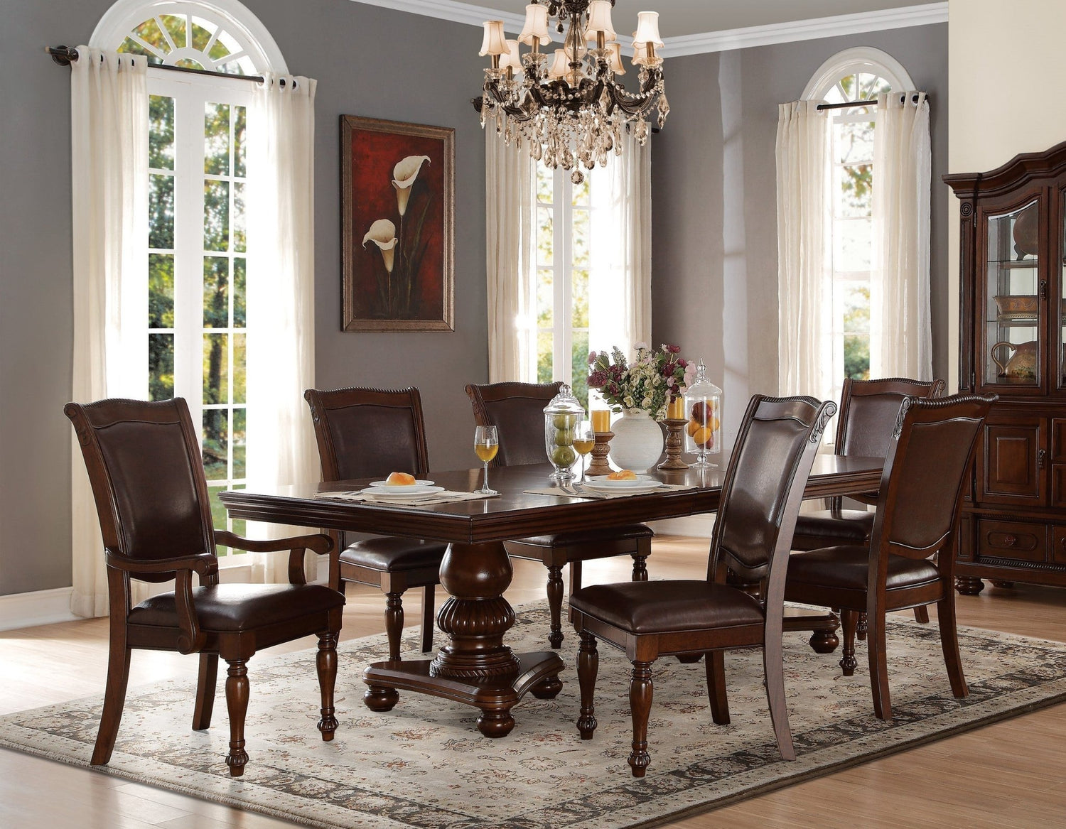 Traditional Dining Table 1pc Brown Cherry Finish Double Pedestal Base Separate Extension Leaf Dining Furniture - Home Elegance USA