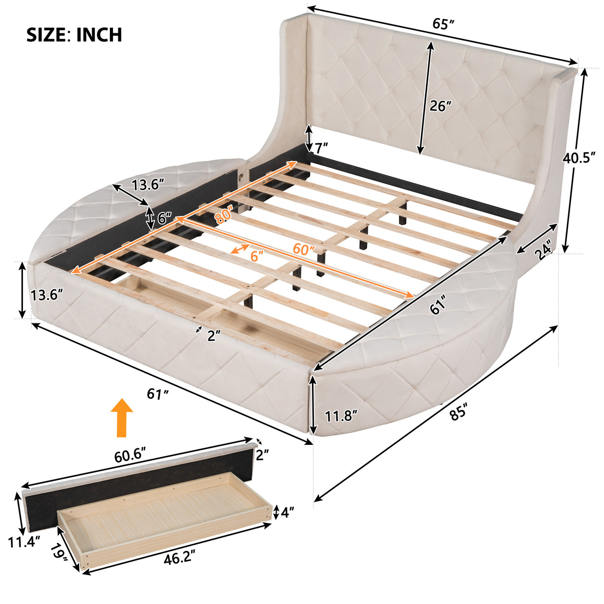 Upholstered Platform Bed Queen Size Storage Velvet Bed with Wingback Headboard and 1 Big Drawer,2 Side Storage Stool(Beige) - Home Elegance USA