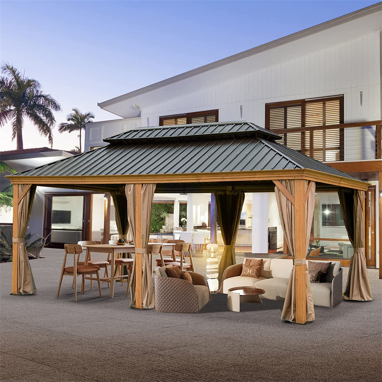 12'x20' Hardtop Gazebo Outdoor Aluminum Wood Grain Gazebos with Galvanized Steel Double Canopy for Patios Deck Backyard,Curtains&Netting (Wood - Looking) | Home Elegance USA