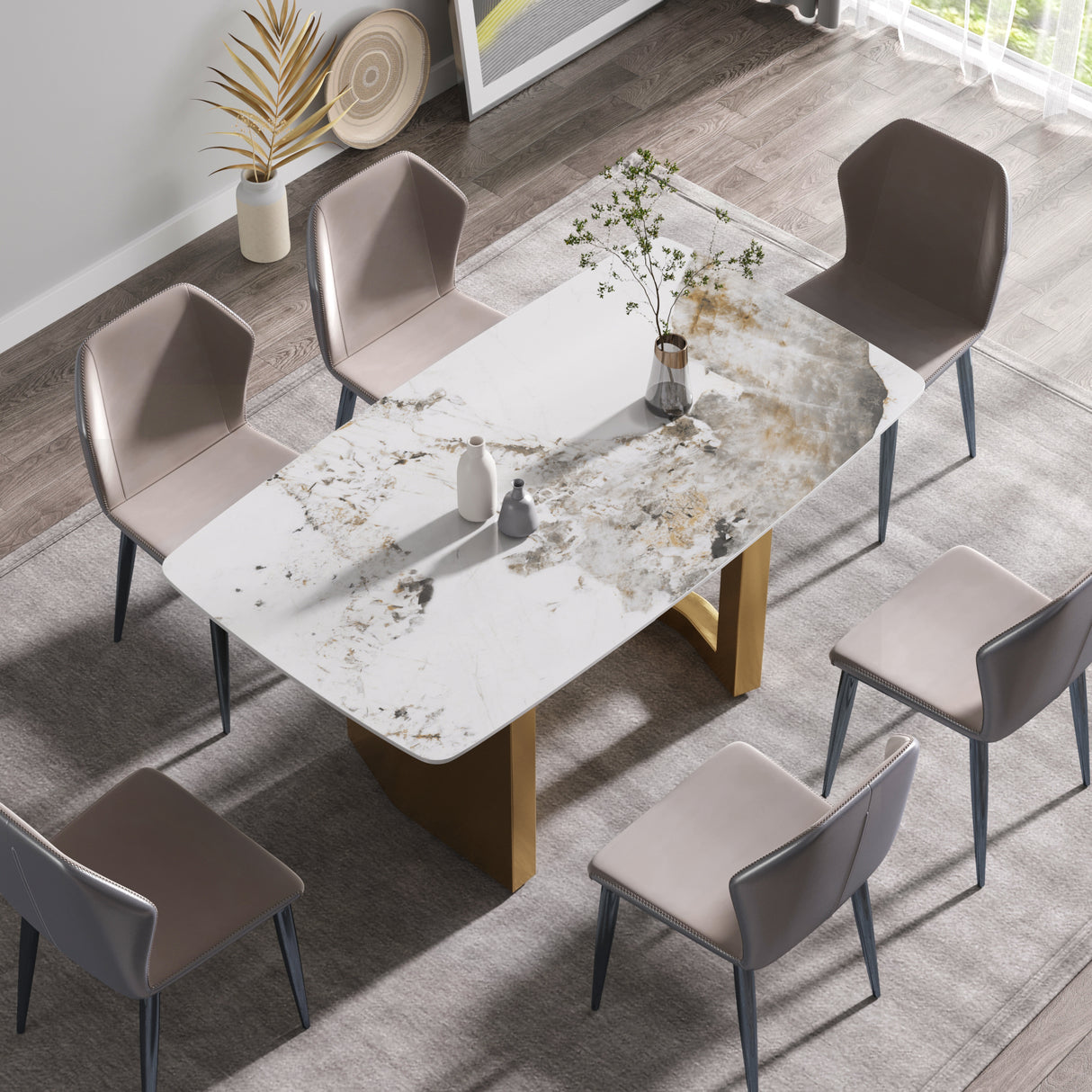 63"Modern artificial stone pandora white curved golden metal leg dining table - 6 people | Home Elegance USA