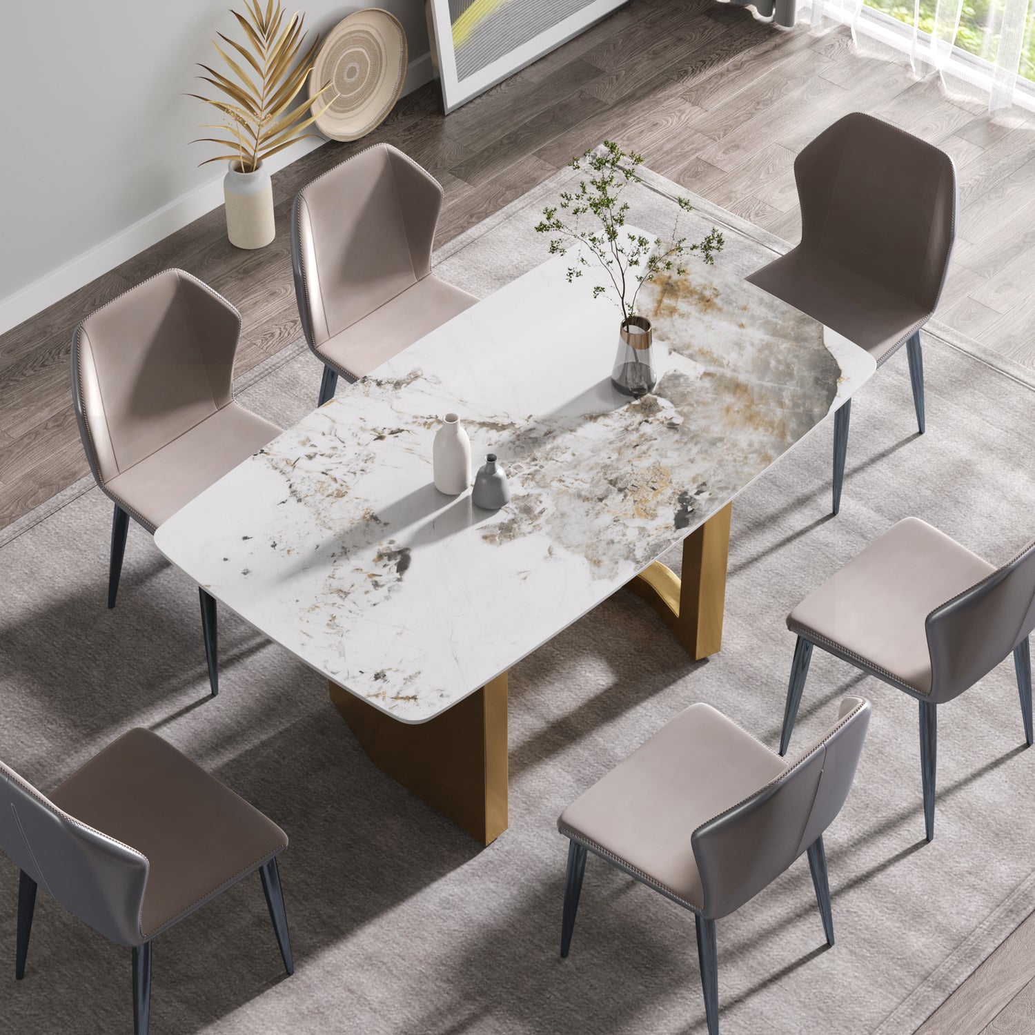 63"Modern artificial stone pandora white curved golden metal leg dining table - 6 people | Home Elegance USA