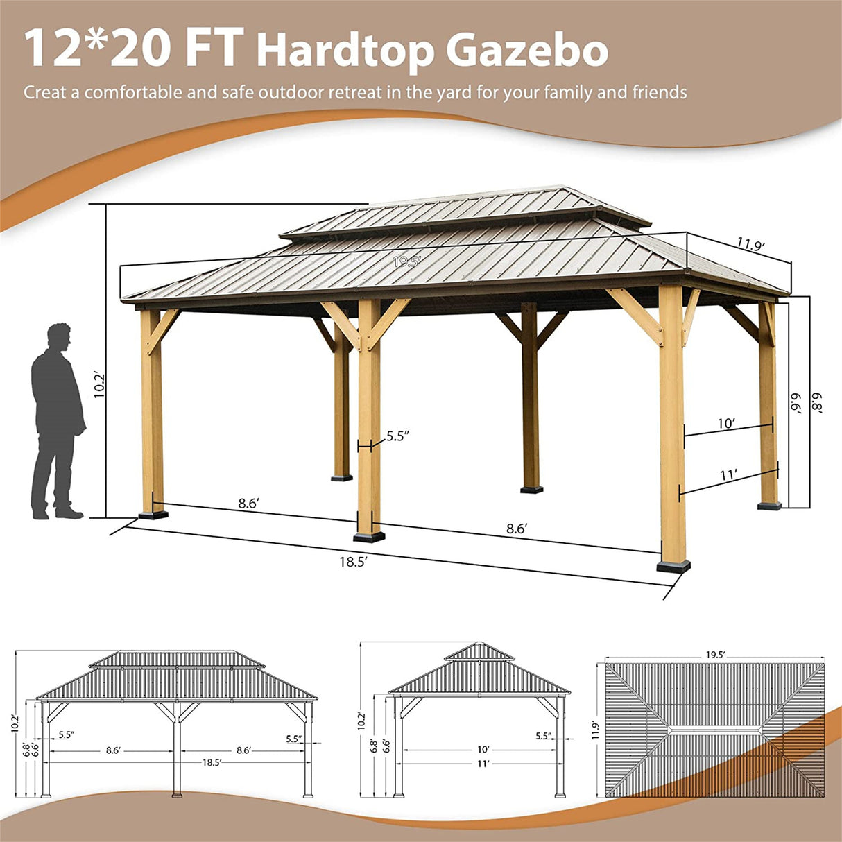 12'x20' Hardtop Gazebo, Outdoor Cedar Wood Frame Canopy with Galvanized Steel Double Roof, Outdoor Permanent Metal Pavilion with Curtains and Netting for Patio, Backyard and Lawn(Brown) | Home Elegance USA