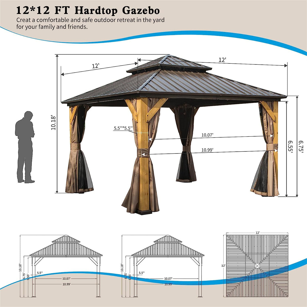 Brown Cedar Wood 12'x12' Hardtop Gazebo: Galvanized Steel Roof, Curtains, Netting - Ideal for Patio, Backyard, Lawn | Home Elegance USA