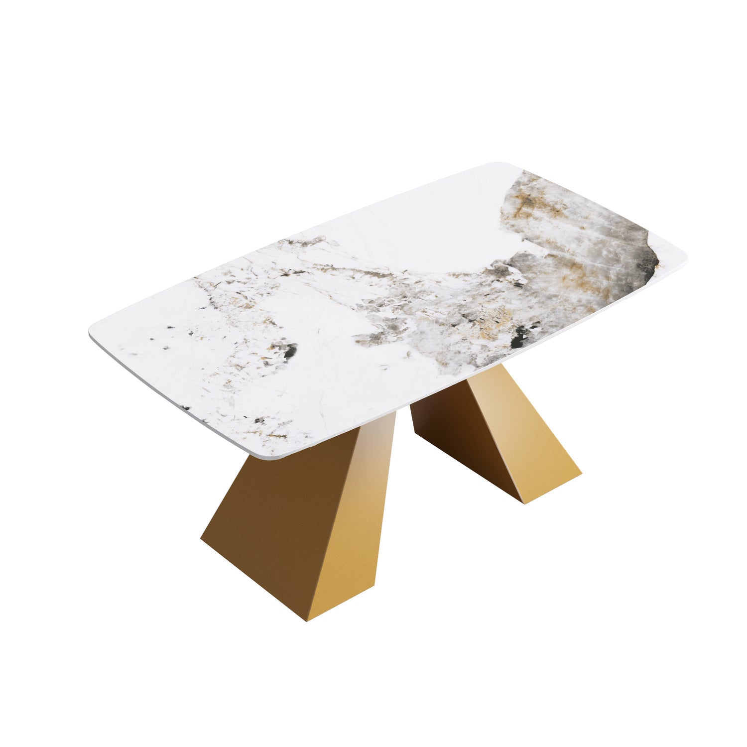 63"Modern artificial stone pandora white curved golden metal leg dining table - 6 people | Home Elegance USA