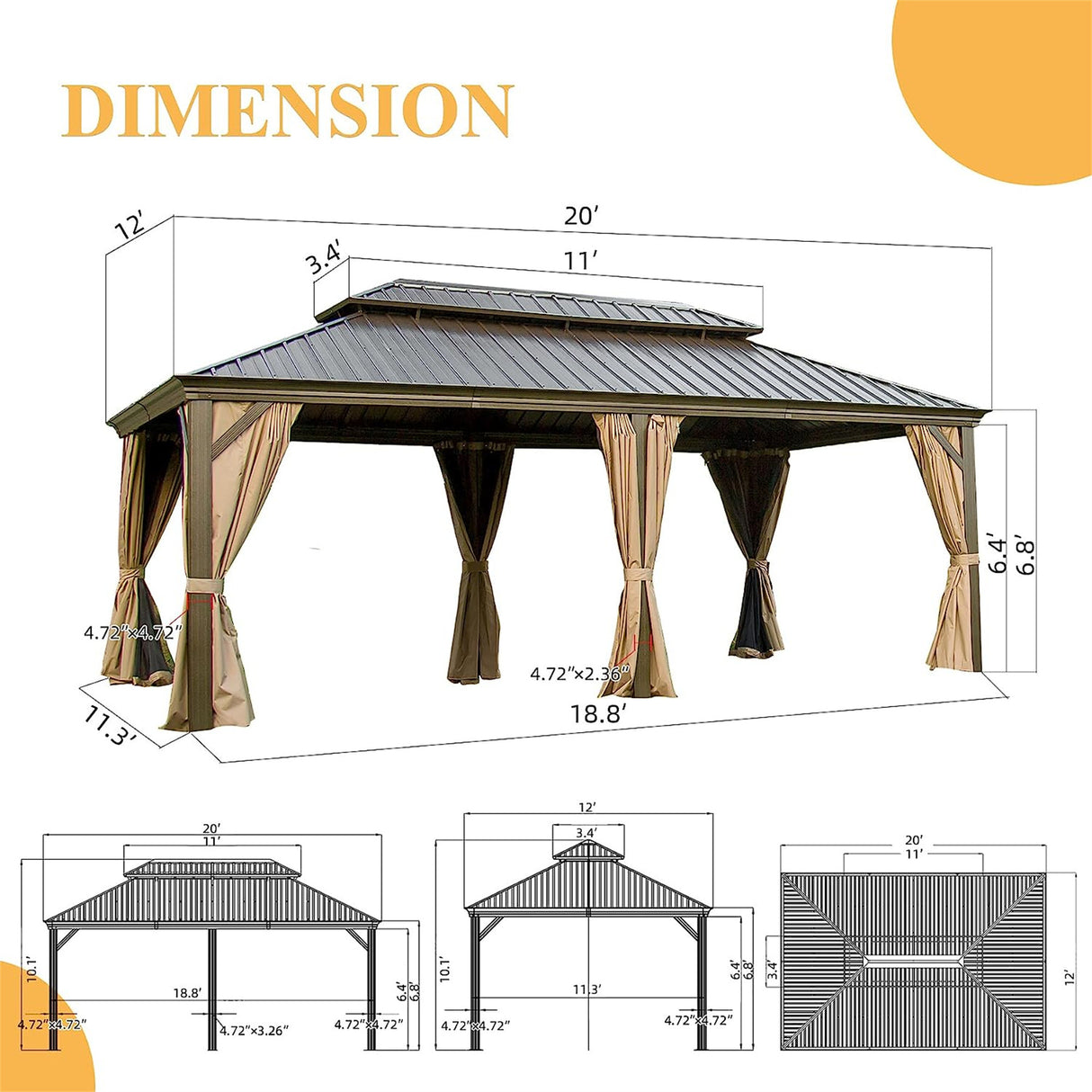 12'x20' Hardtop Gazebo, Outdoor Aluminum Frame Canopy with Galvanized Steel Double Roof, Outdoor Permanent Metal Pavilion with Curtains and Netting for Patio,Backyard and Lawn (Brown) | Home Elegance USA