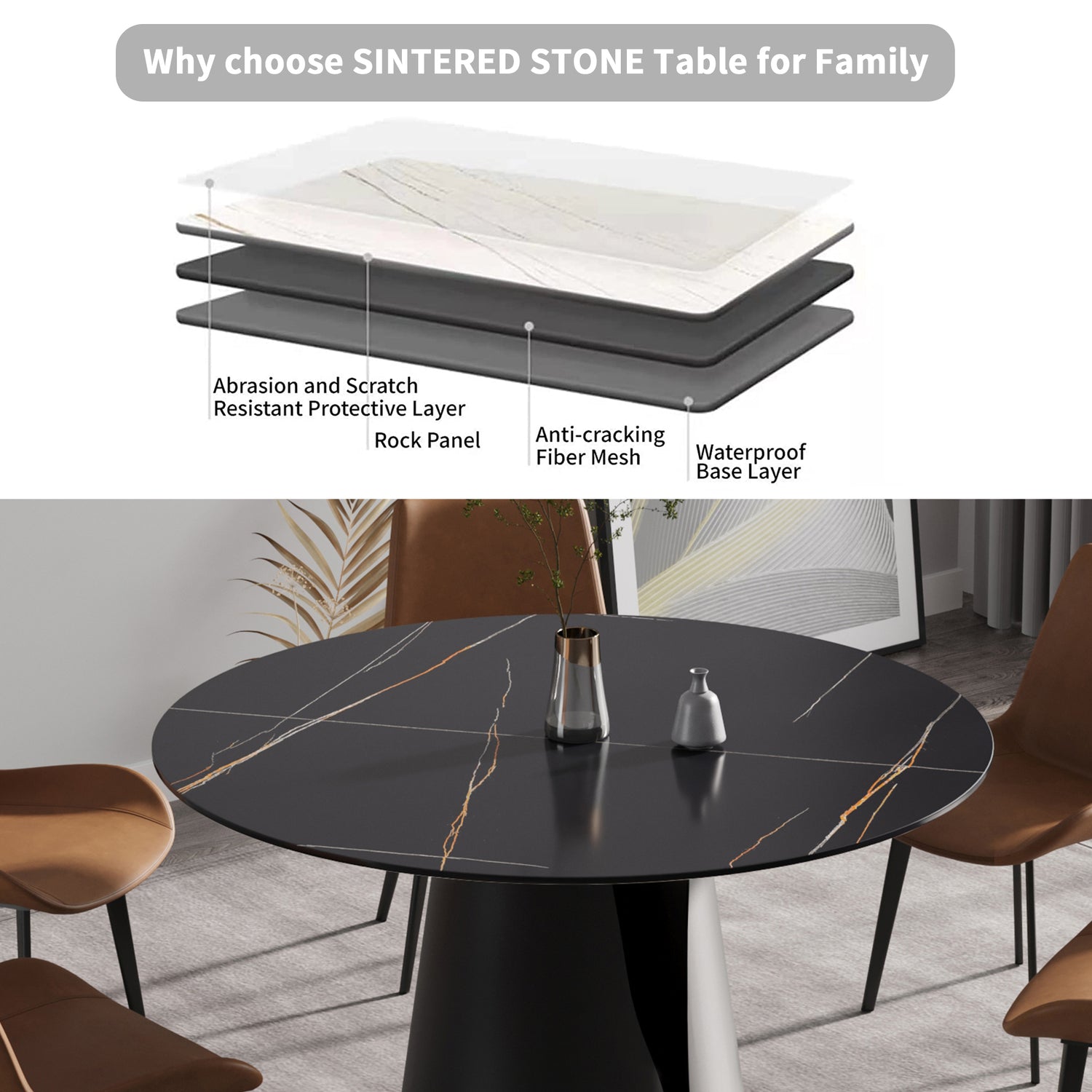 53.15"Modern artificial stone round black carbon steel base dining table - can accommodate 6 people | Home Elegance USA