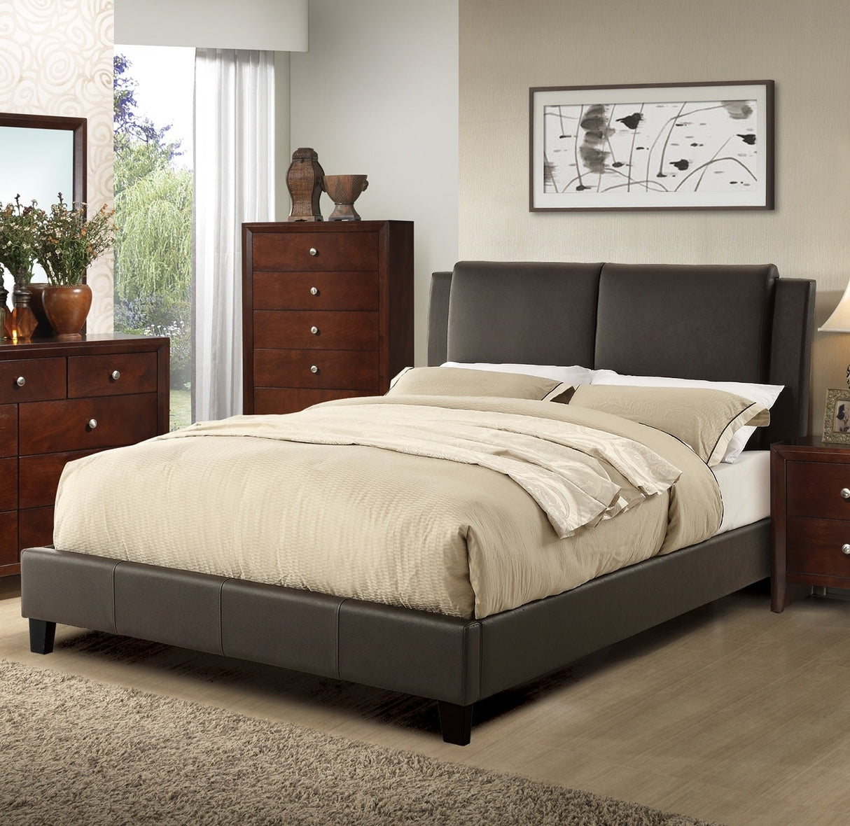California King Size Bed 1pc Bed Set Brown Faux Leather Upholstered Two - Panel Bed Frame Headboard Bedroom Furniture | Home Elegance USA