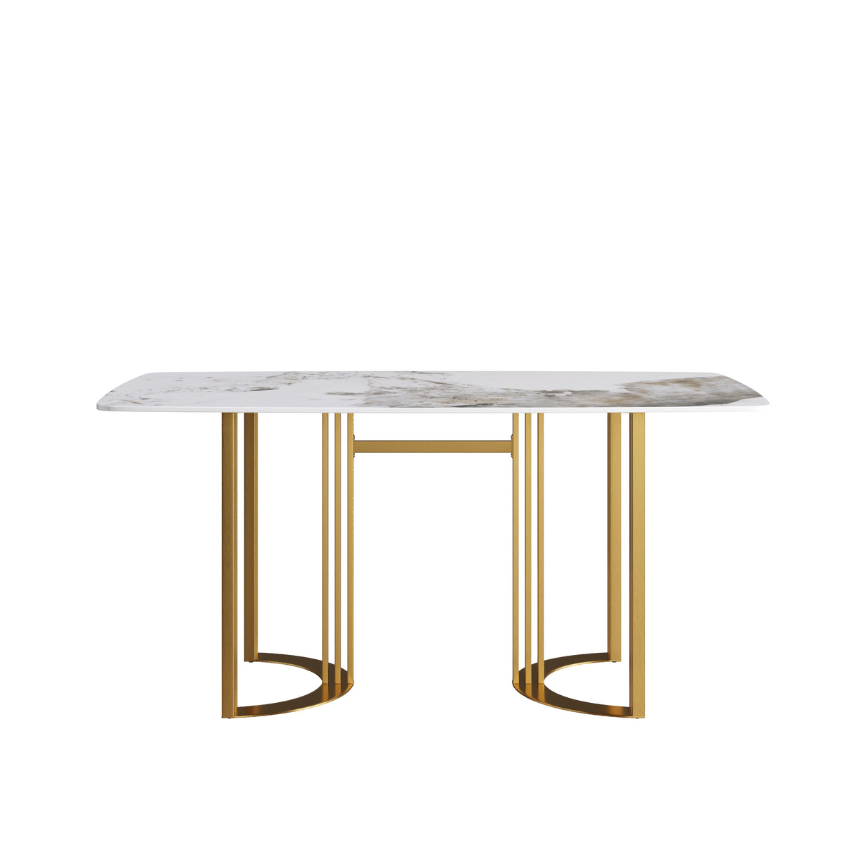 63"Modern artificial stone pandora white curved golden metal leg dining table - 6 people | Home Elegance USA