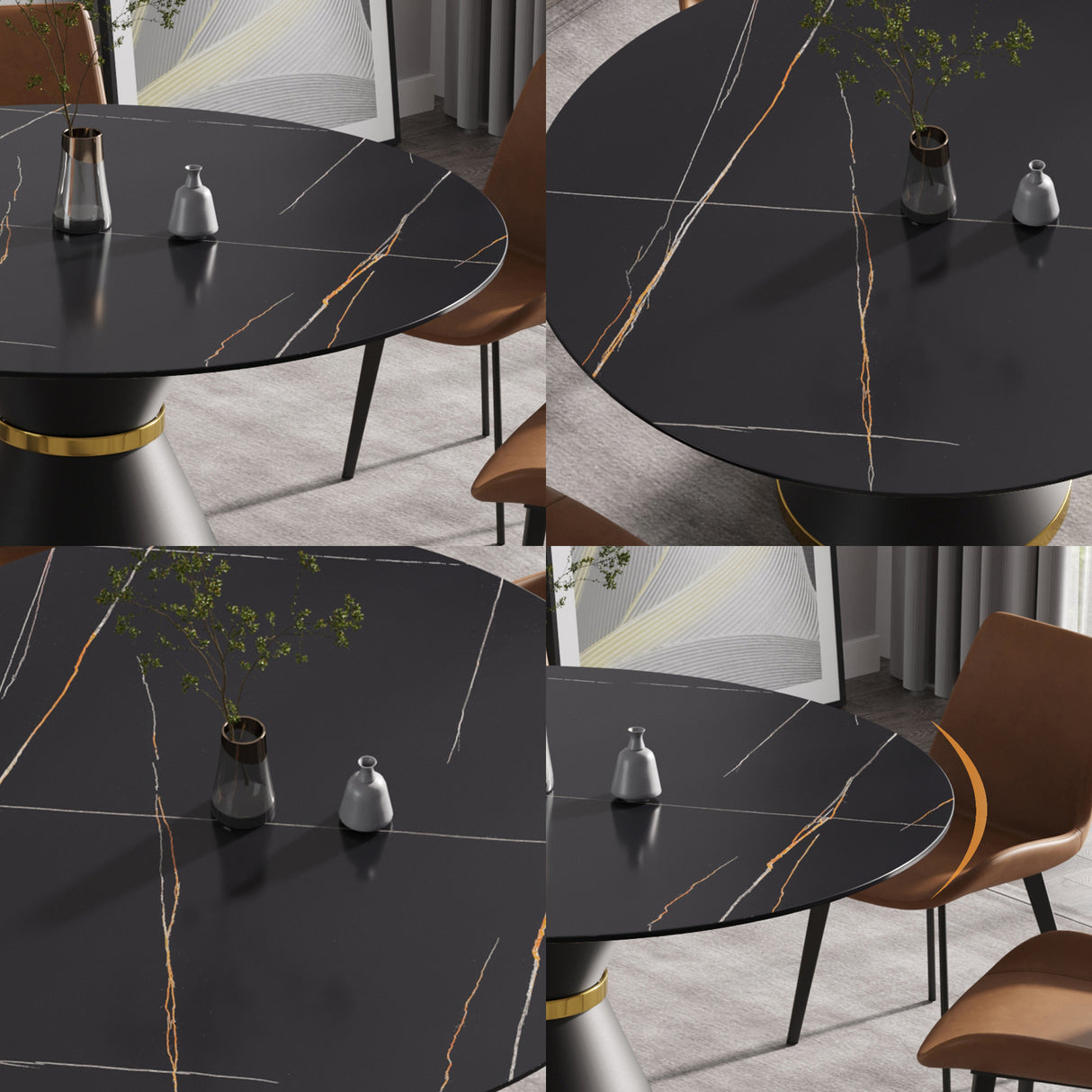 59.05"Modern artificial stone round black carbon steel base dining table - can accommodate 6 people | Home Elegance USA