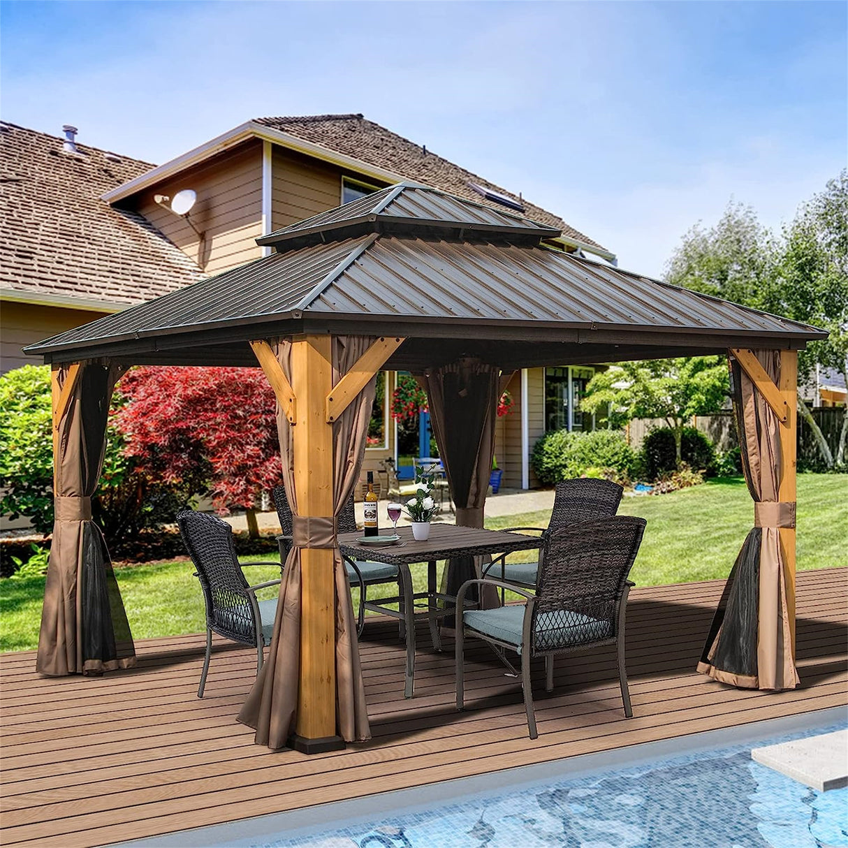Brown Cedar Wood 12'x12' Hardtop Gazebo: Galvanized Steel Roof, Curtains, Netting - Ideal for Patio, Backyard, Lawn | Home Elegance USA