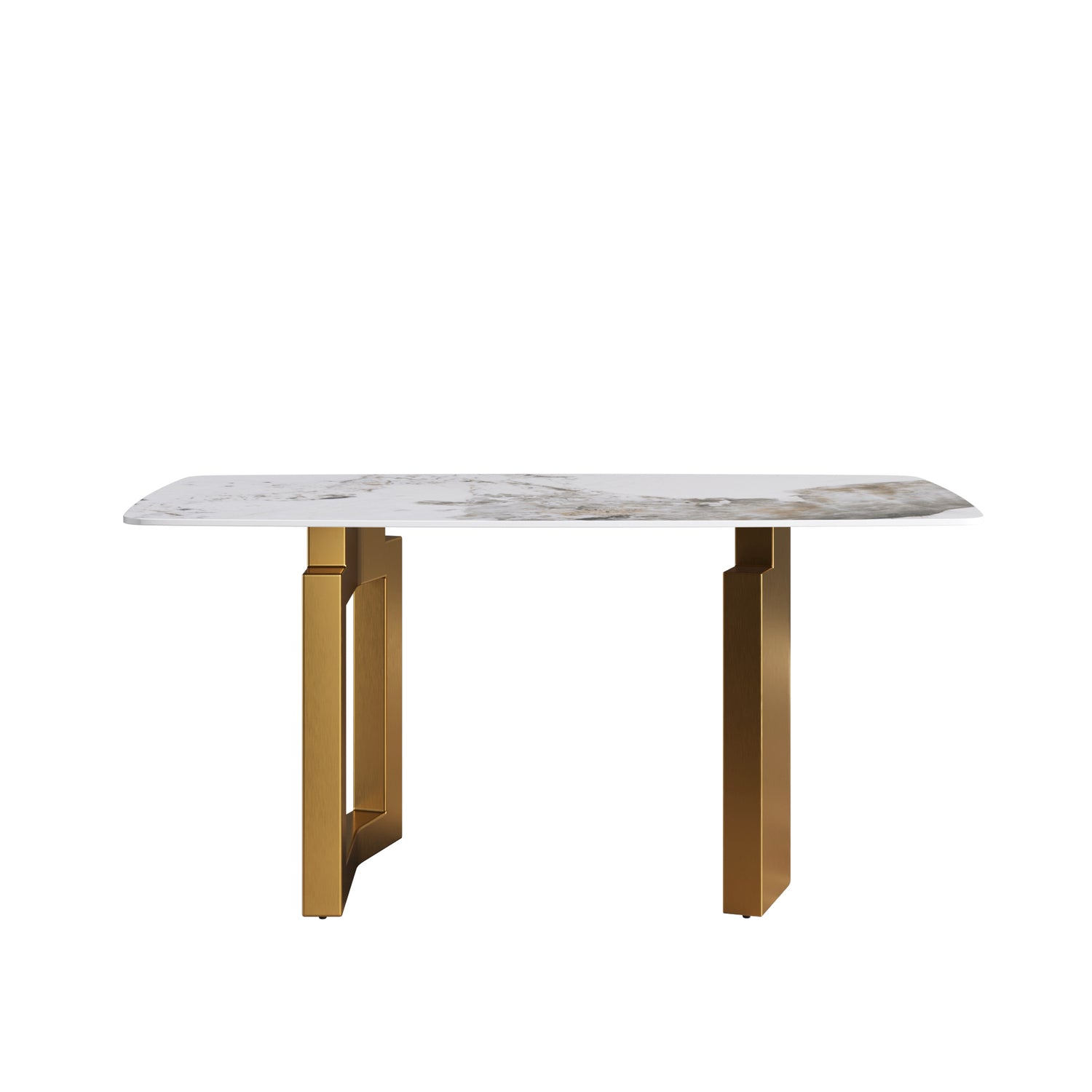 63"Modern artificial stone pandora white curved golden metal leg dining table - 6 people | Home Elegance USA