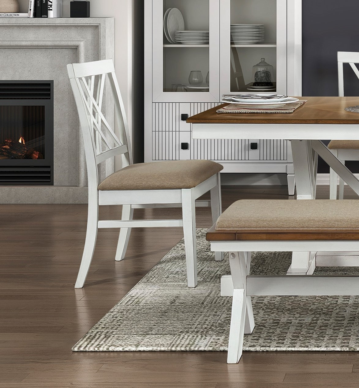 Modern Style White and Oak Finish 6pc Dining Set Table w Extension Leaf Bench 4x Side Chairs x-back Design Charming Traditional Dining Room Furniture - Home Elegance USA