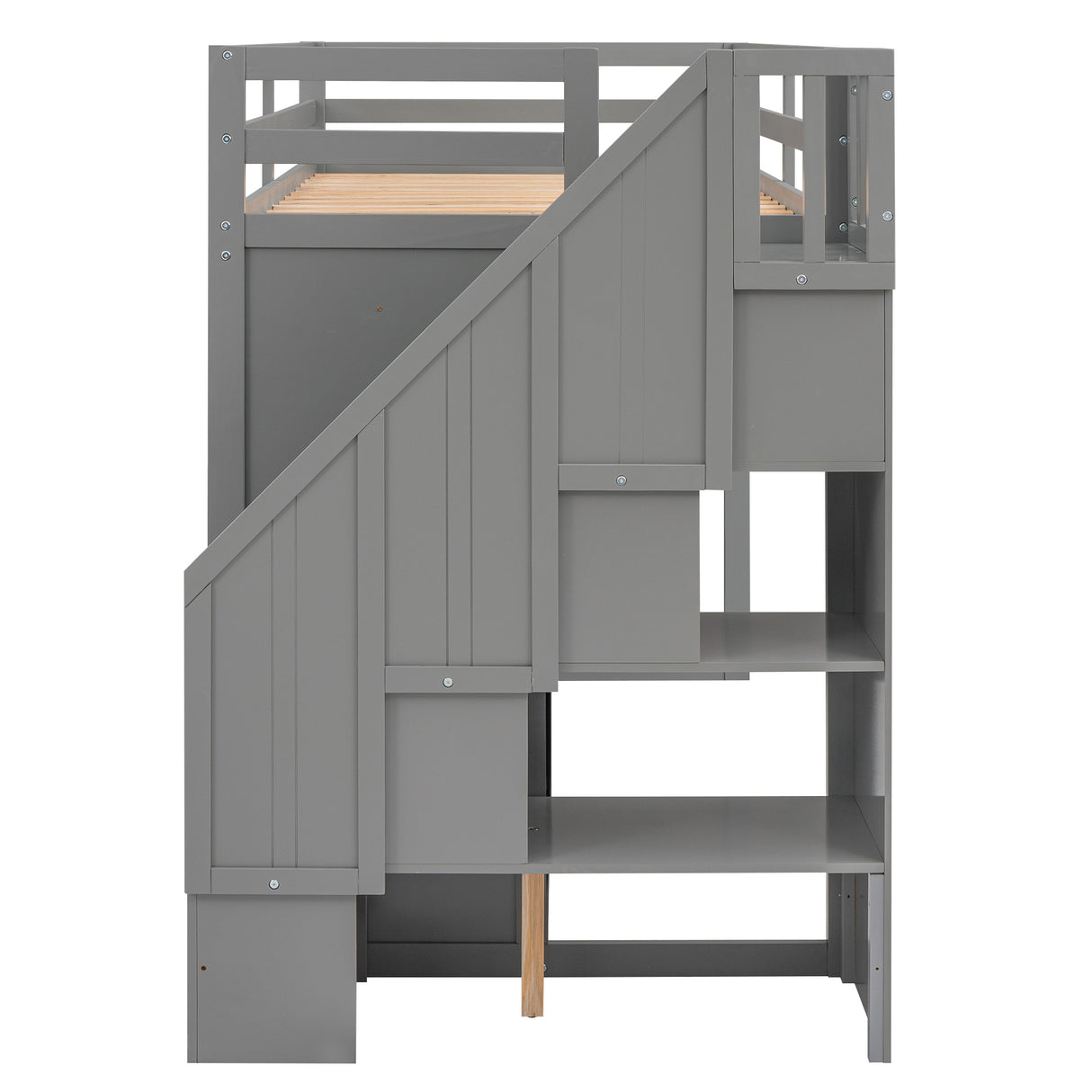 Functional Loft Bed with 3 Shelves, 2 Wardrobes and 2 Drawers, Ladder with Storage, No Box Spring Needed, Gray - Home Elegance USA