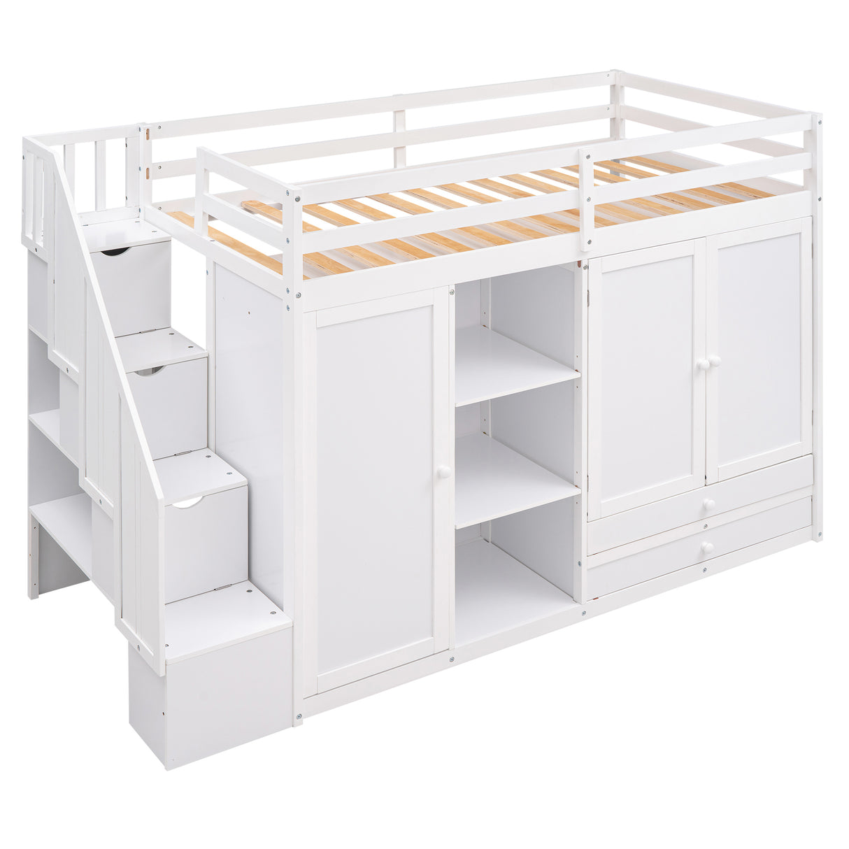 Functional Loft Bed with 3 Shelves, 2 Wardrobes and 2 Drawers, Ladder with Storage, No Box Spring Needed, White - Home Elegance USA