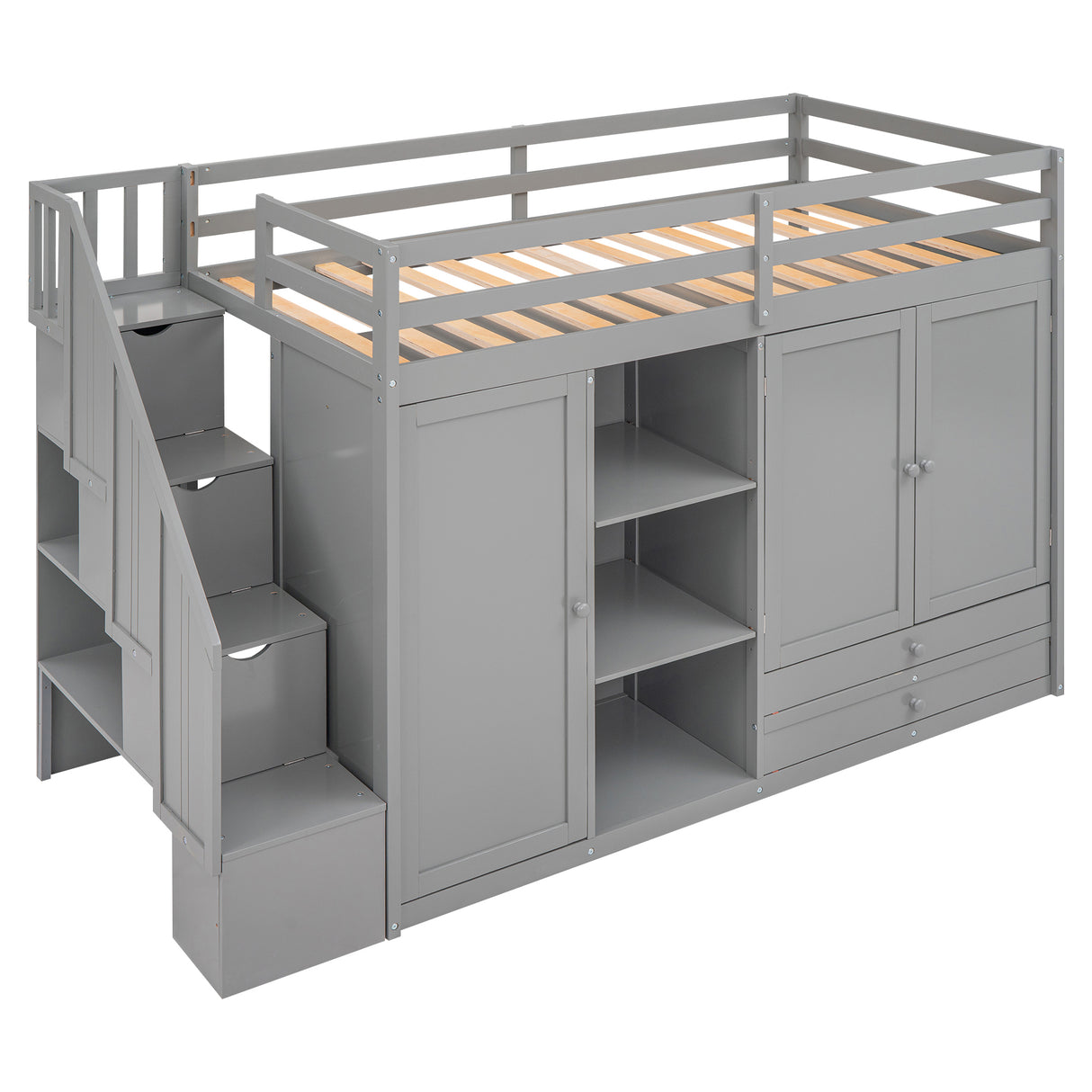 Functional Loft Bed with 3 Shelves, 2 Wardrobes and 2 Drawers, Ladder with Storage, No Box Spring Needed, Gray - Home Elegance USA