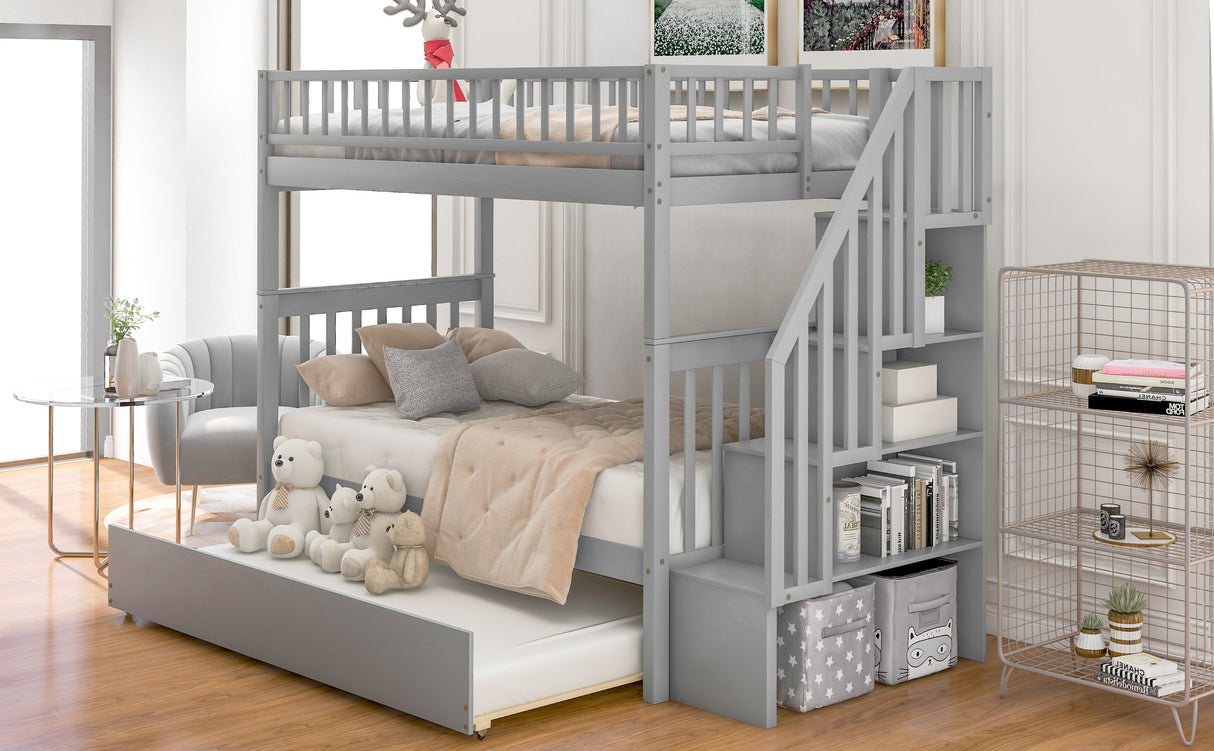 Twin over Twin Bunk Bed with Trundle and Storage, Gray - Home Elegance USA