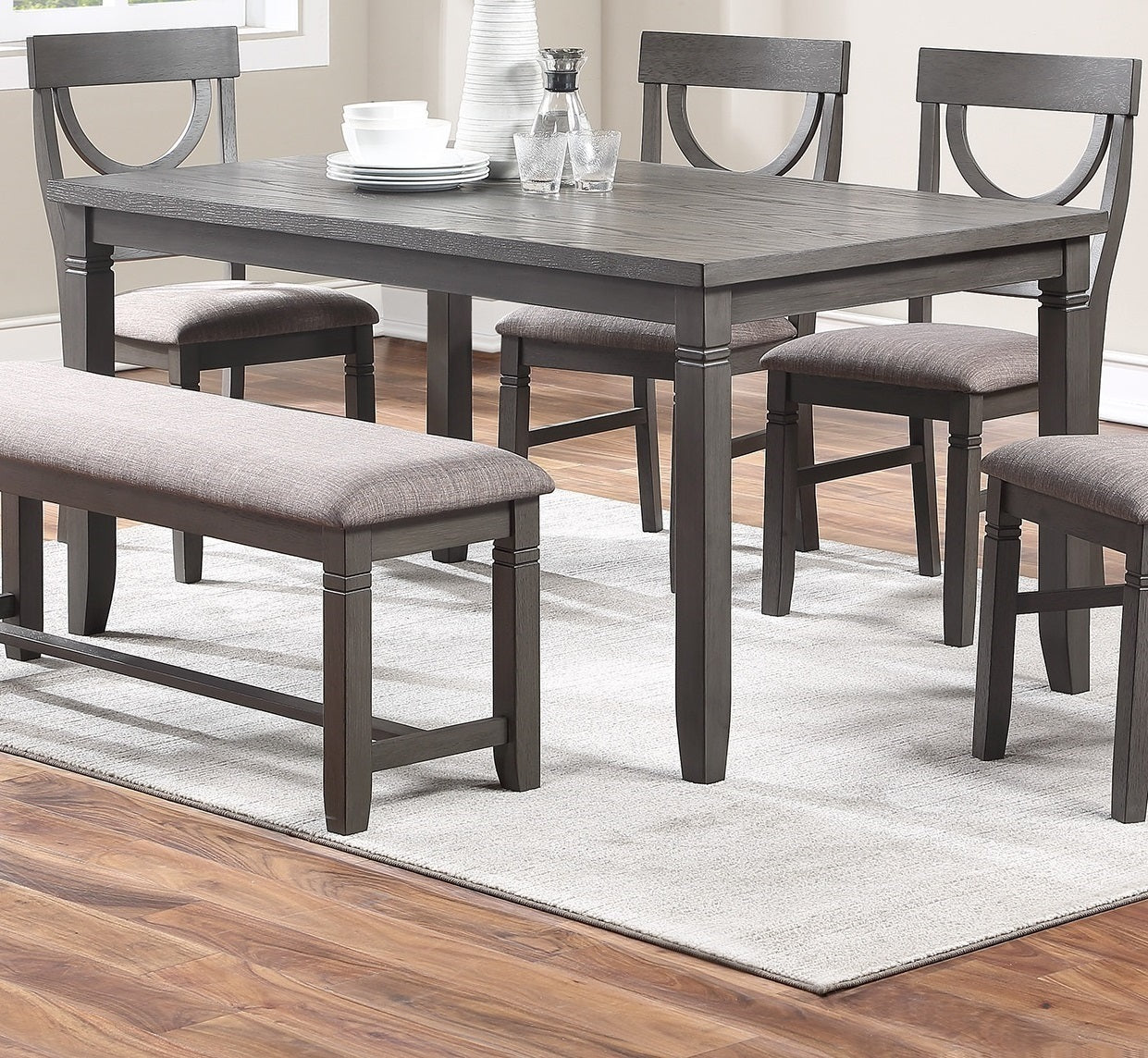 Dining Room Furniture 6pc Set Rectangle Table 4x Side Chairs and A Bench Grey Finish MDF Rubberwood | Home Elegance USA