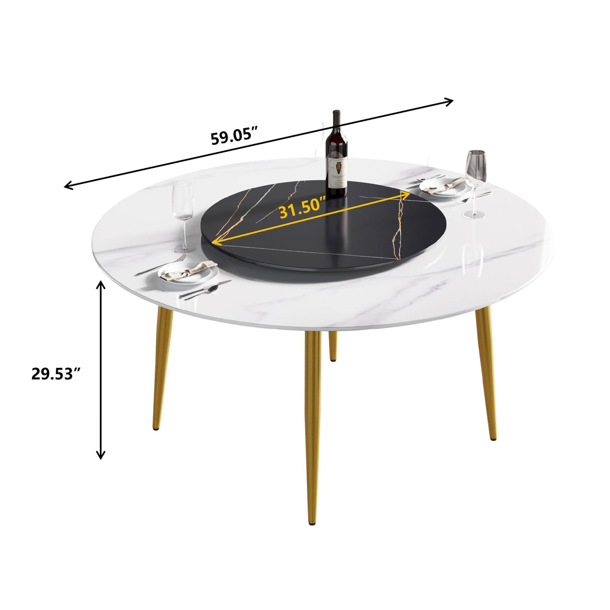 59.05"Modern artificial stone round golden metal dining table - can accommodate 6 people - 31.5"black artificial stone turntable | Home Elegance USA