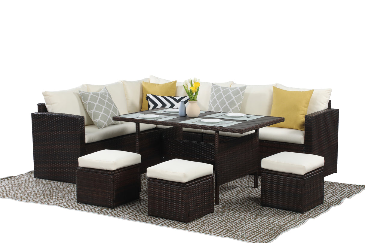7 - Pieces PE Rattan Wicker Patio Dining Sectional Cusions Sofa Set with Ivory cushions | Home Elegance USA