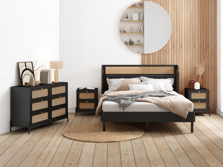 4 Pieces Modern Cannage Rattan Platform Queen Bed + Nightstand*2+ Dresser, Black Home Elegance USA