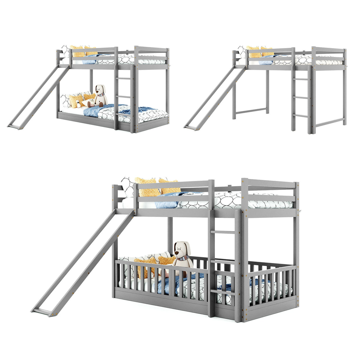 Twin Over Twin Bunk Bed with Slide and Ladder, Gray(Old SKU:LP000009AAE) - Home Elegance USA