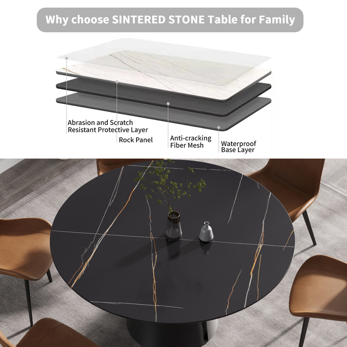 59.05"Modern artificial stone round black carbon steel base dining table - can accommodate 6 people | Home Elegance USA