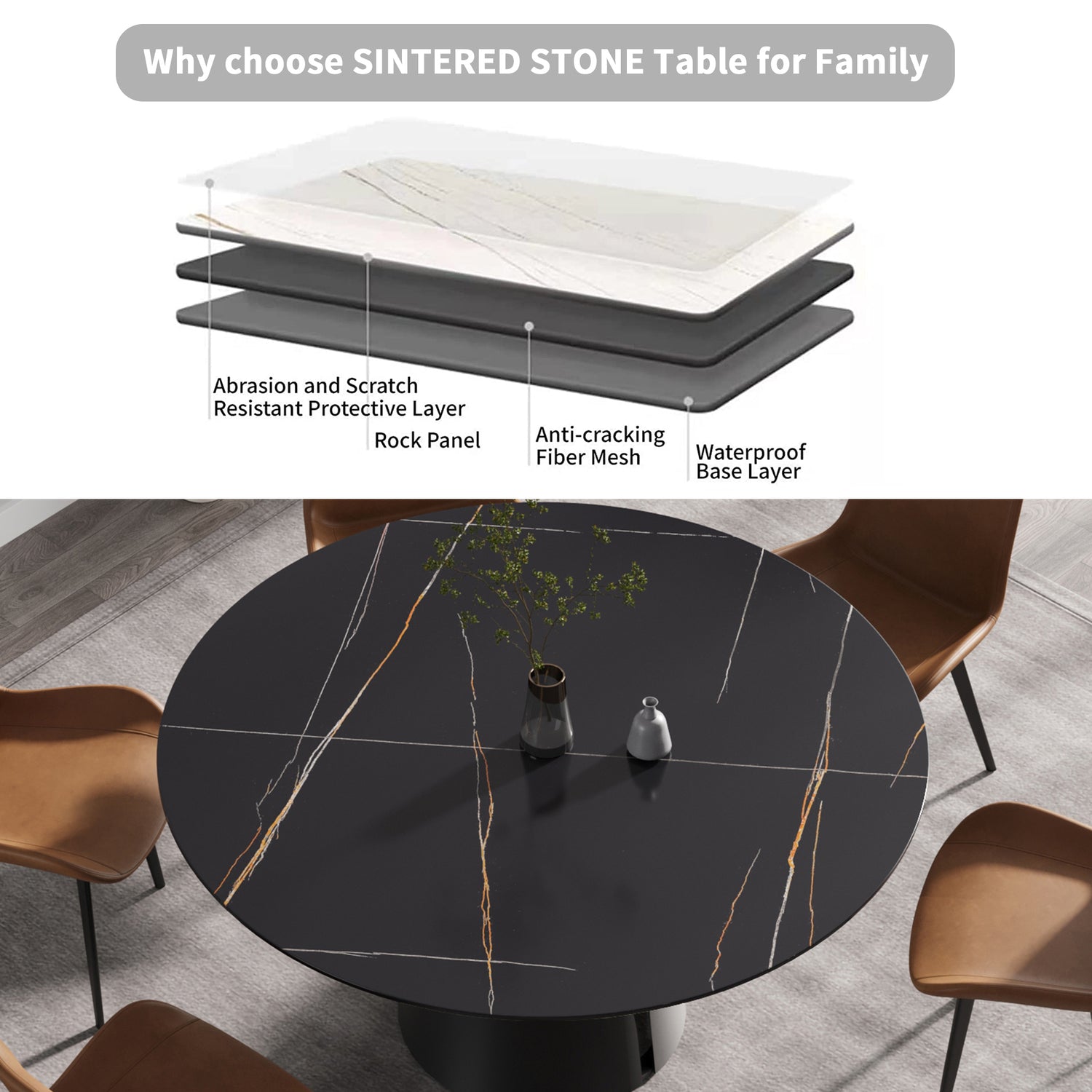 59.05"Modern artificial stone round black carbon steel base dining table - can accommodate 6 people | Home Elegance USA