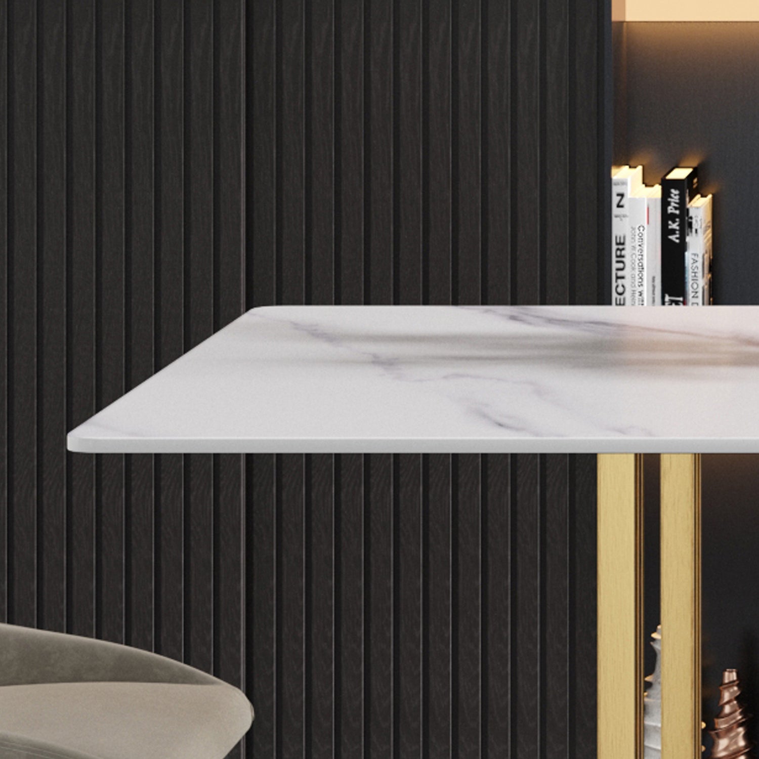 63"Modern artificial stone white straight edge golden metal leg dining table - 6 people | Home Elegance USA