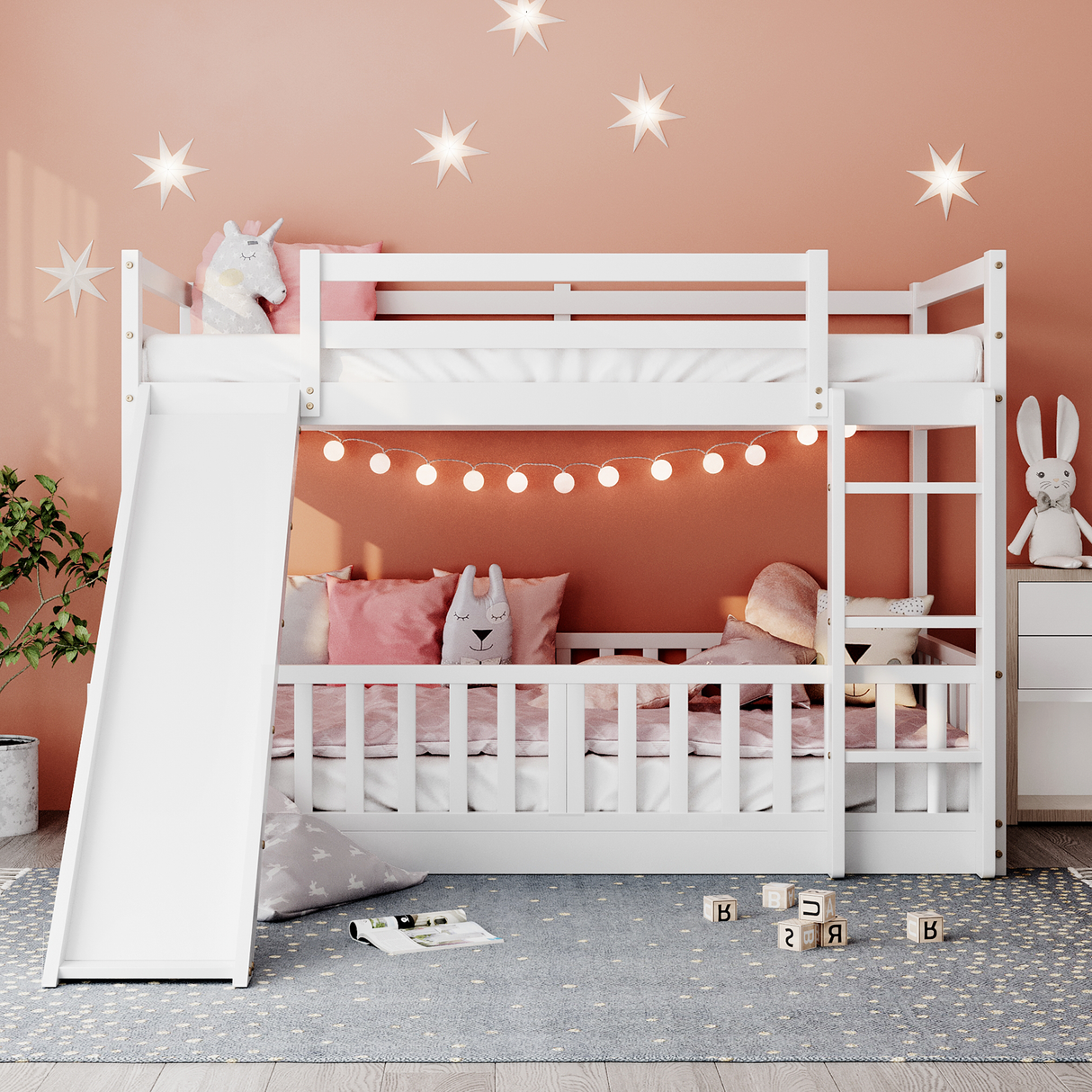 Twin Over Twin Bunk Bed with Slide and Ladder, White(Old SKU:LP000009AAK) - Home Elegance USA
