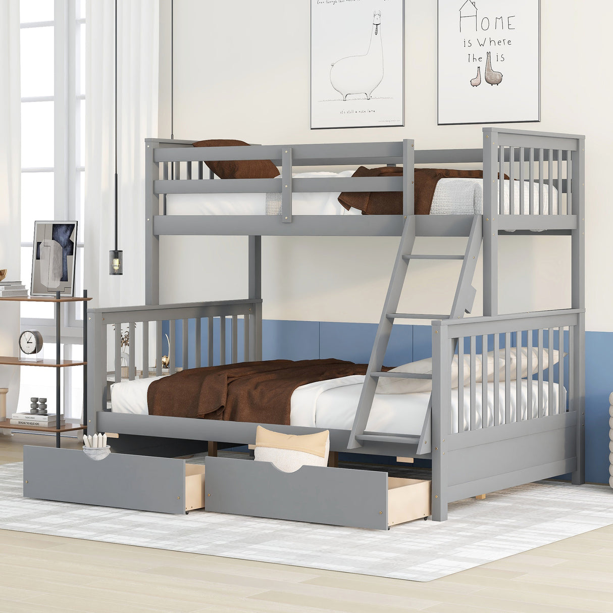 Twin-Over-Full Bunk Bed with Ladders and Two Storage Drawers(Gray)( old sku:LT000165AAE) - Home Elegance USA