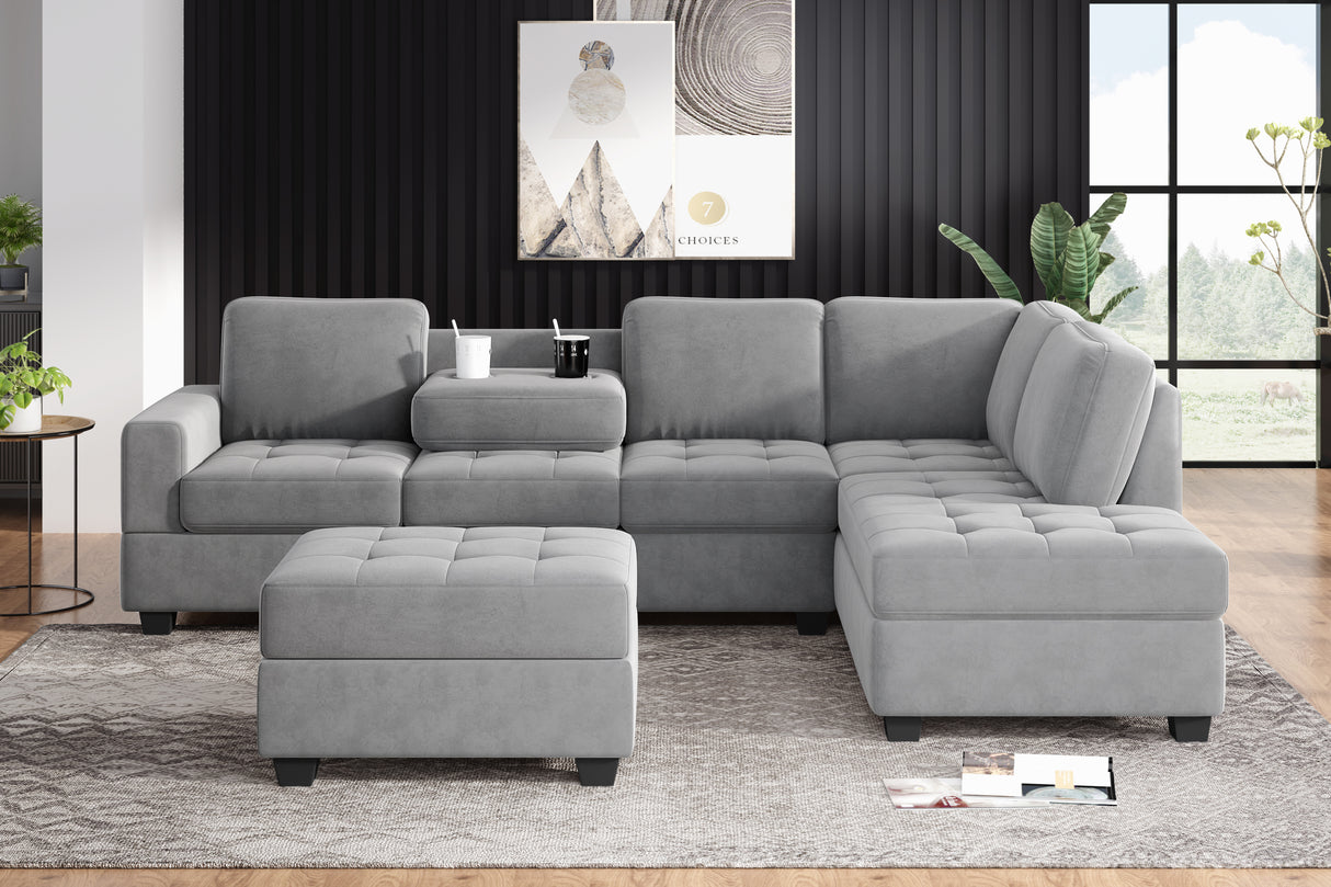 Orisfur. Modern Sectional Sofa with Reversible Chaise, L Shaped Couch Set with Storage Ottoman and Two Cup Holders for Living Room - Home Elegance USA