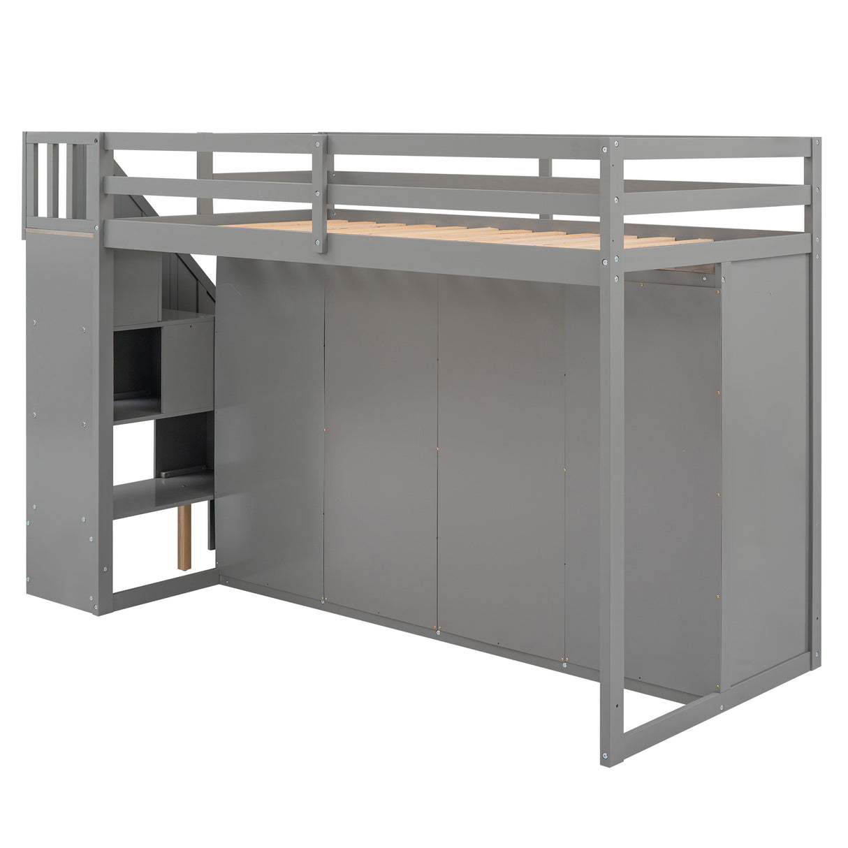 Functional Loft Bed with 3 Shelves, 2 Wardrobes and 2 Drawers, Ladder with Storage, No Box Spring Needed, Gray - Home Elegance USA
