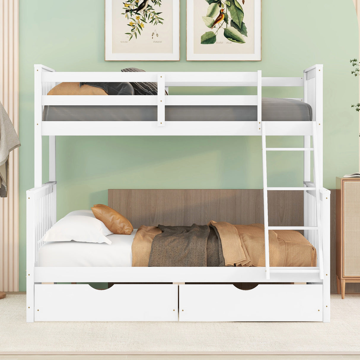 Twin-Over-Full Bunk Bed with Ladders and Two Storage Drawers (White) ( old sku:LT000165AAK) - Home Elegance USA