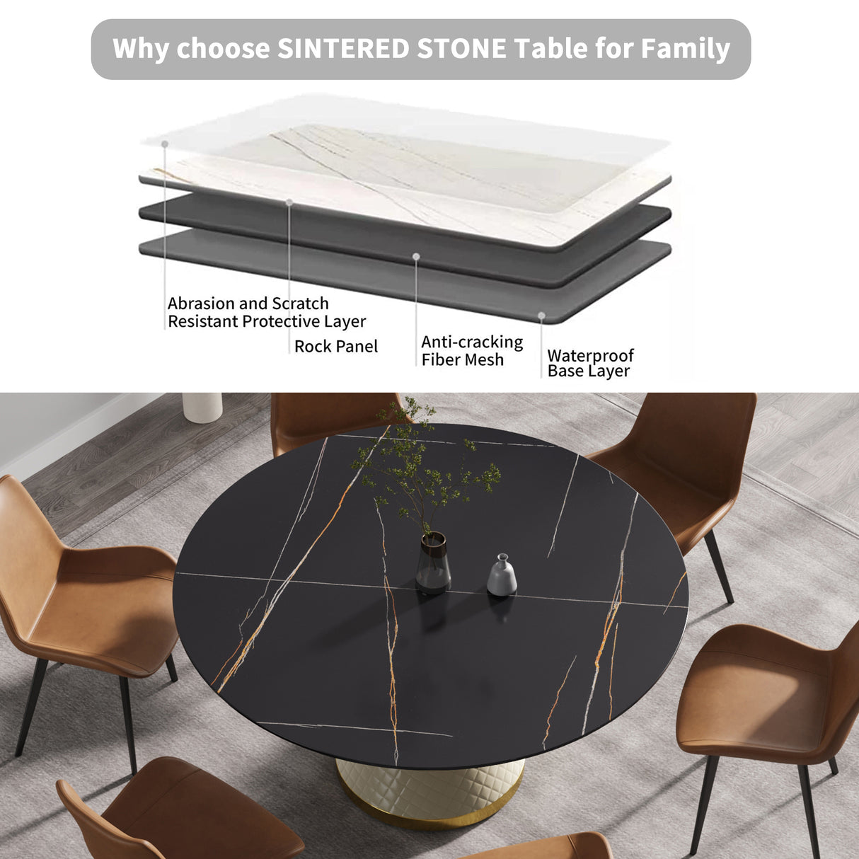 59.05"Modern artificial stone round white carbon steel base dining table - can accommodate 6 people | Home Elegance USA