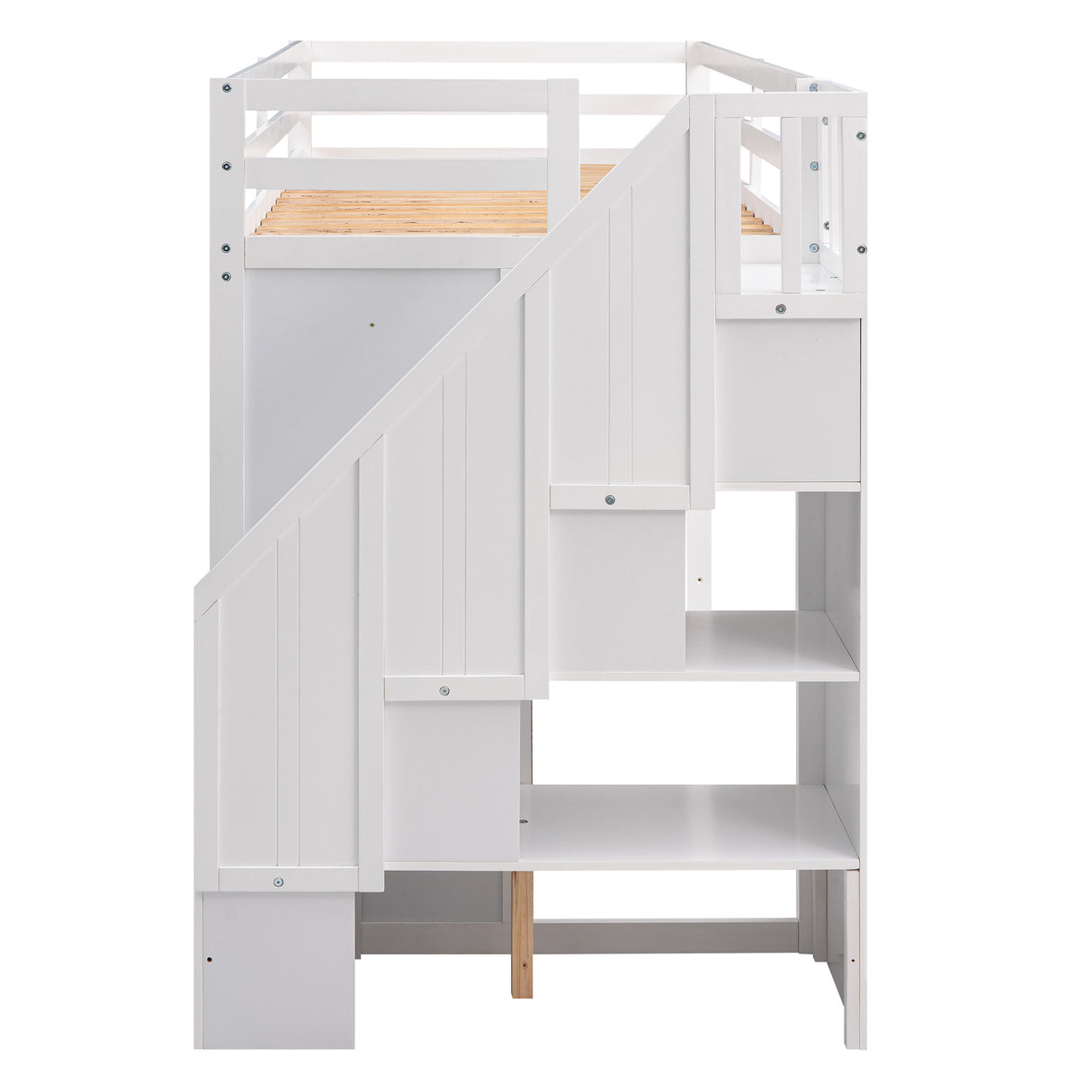 Functional Loft Bed with 3 Shelves, 2 Wardrobes and 2 Drawers, Ladder with Storage, No Box Spring Needed, White - Home Elegance USA