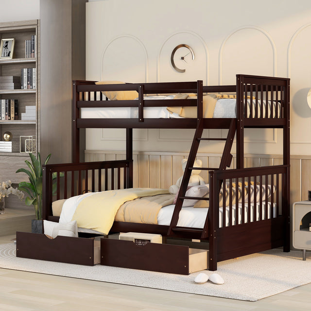 Twin-Over-Full Bunk Bed with Ladders and Two Storage Drawers(Espresso)( old sku:LT000165AAP) - Home Elegance USA