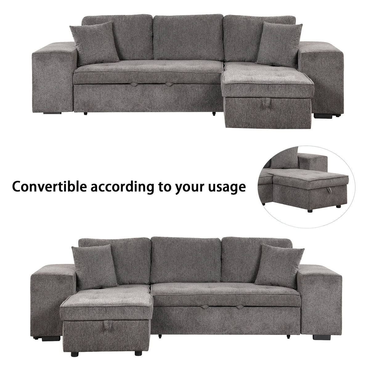 104" Modern L-Shape 3 Seat Reversible Sectional Couch, Pull Out Sleeper Sofa with Storage Chaise and 2 Stools for Living Room Furniture Set,Knox Charcoal (old sku:SG000431AAA) - Home Elegance USA