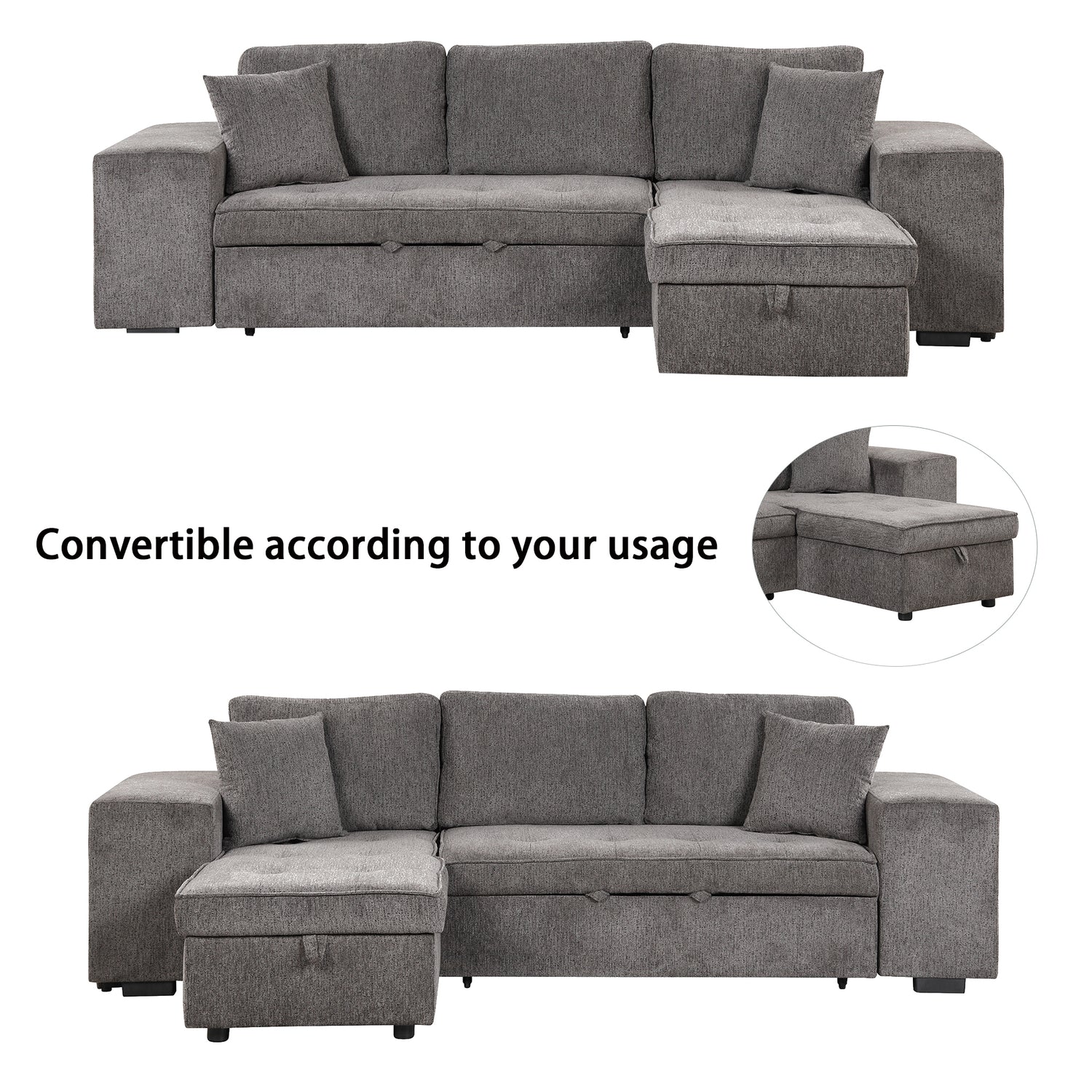 104" Modern L-Shape 3 Seat Reversible Sectional Couch, Pull Out Sleeper Sofa with Storage Chaise and 2 Stools for Living Room Furniture Set,Knox Charcoal (old sku:SG000431AAA) - Home Elegance USA