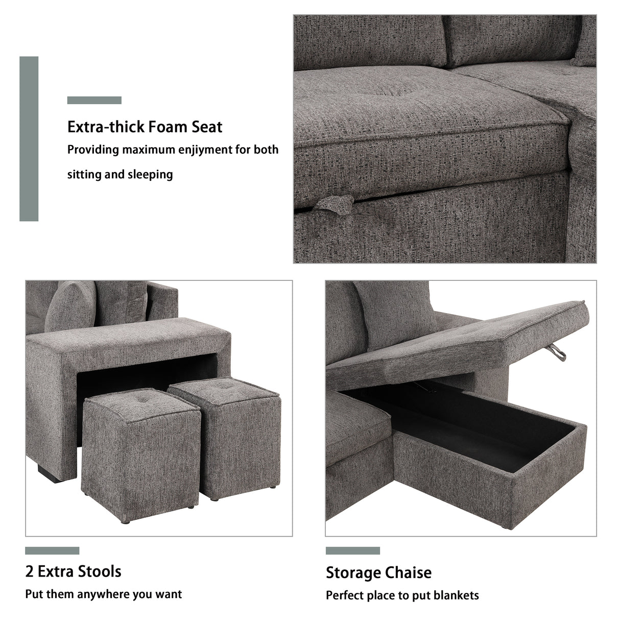 104" Modern L-Shape 3 Seat Reversible Sectional Couch, Pull Out Sleeper Sofa with Storage Chaise and 2 Stools for Living Room Furniture Set,Knox Charcoal (old sku:SG000431AAA) - Home Elegance USA