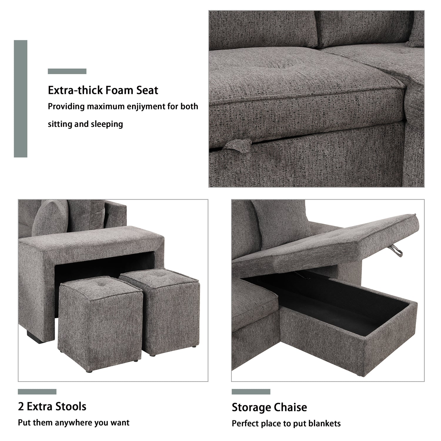 104" Modern L-Shape 3 Seat Reversible Sectional Couch, Pull Out Sleeper Sofa with Storage Chaise and 2 Stools for Living Room Furniture Set,Knox Charcoal (old sku:SG000431AAA) - Home Elegance USA
