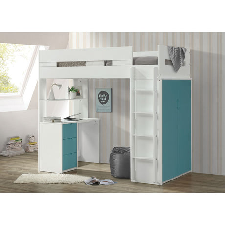 ACME Nerice Loft Bed in White & Teal 38045 Home Elegance USA