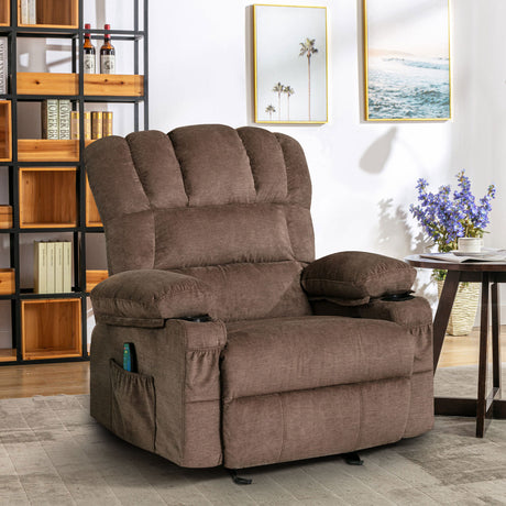 Vanbow.Recliner Chair Massage Heating sofa with USB and side pocket，2 Cup Holders (Brown) Home Elegance USA