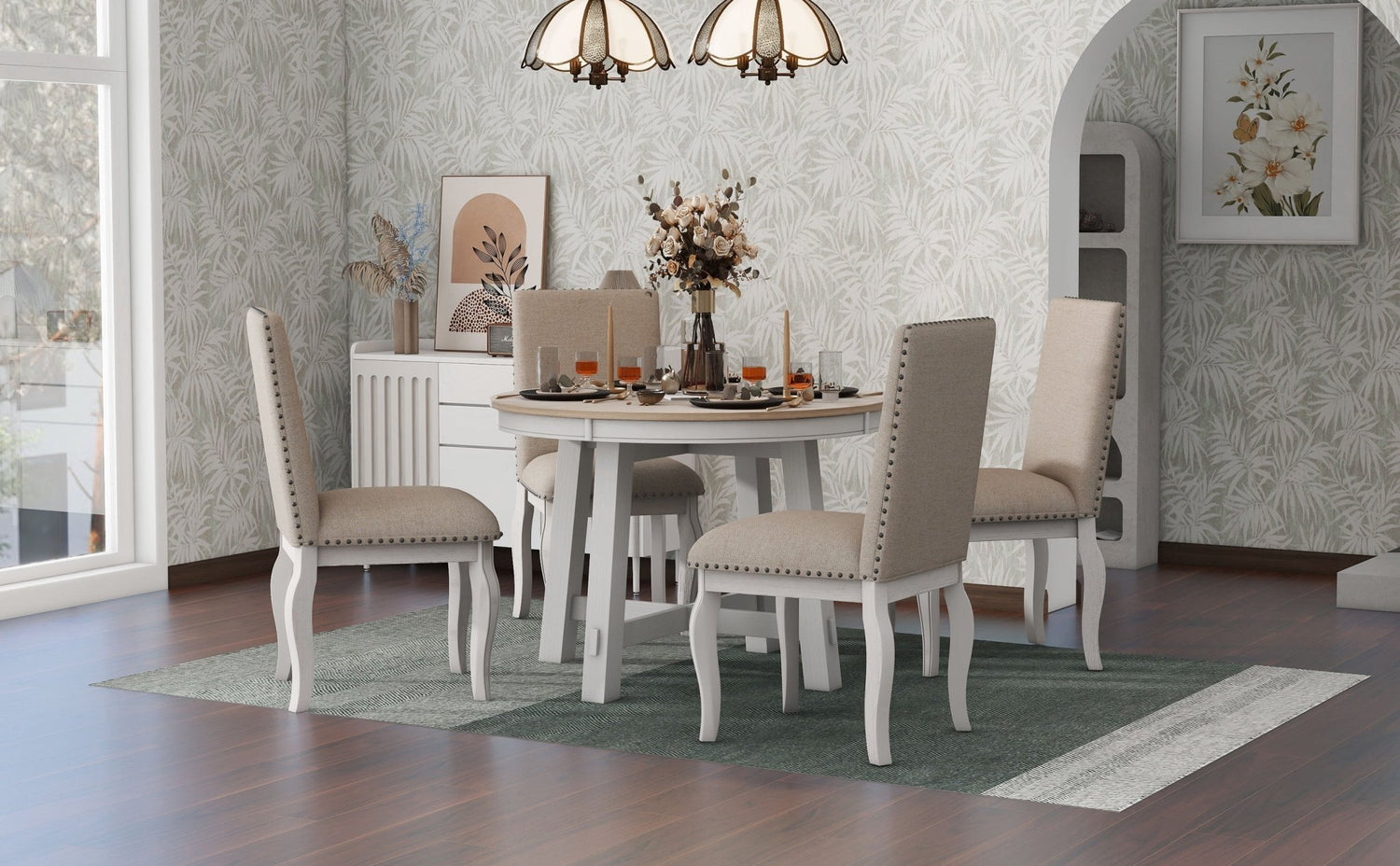 TREXM 5-Piece Farmhouse Dining Table Set Wood Round Extendable Dining Table and 4 Upholstered Dining Chairs (Oak Natural Wood + Antique White) - Home Elegance USA